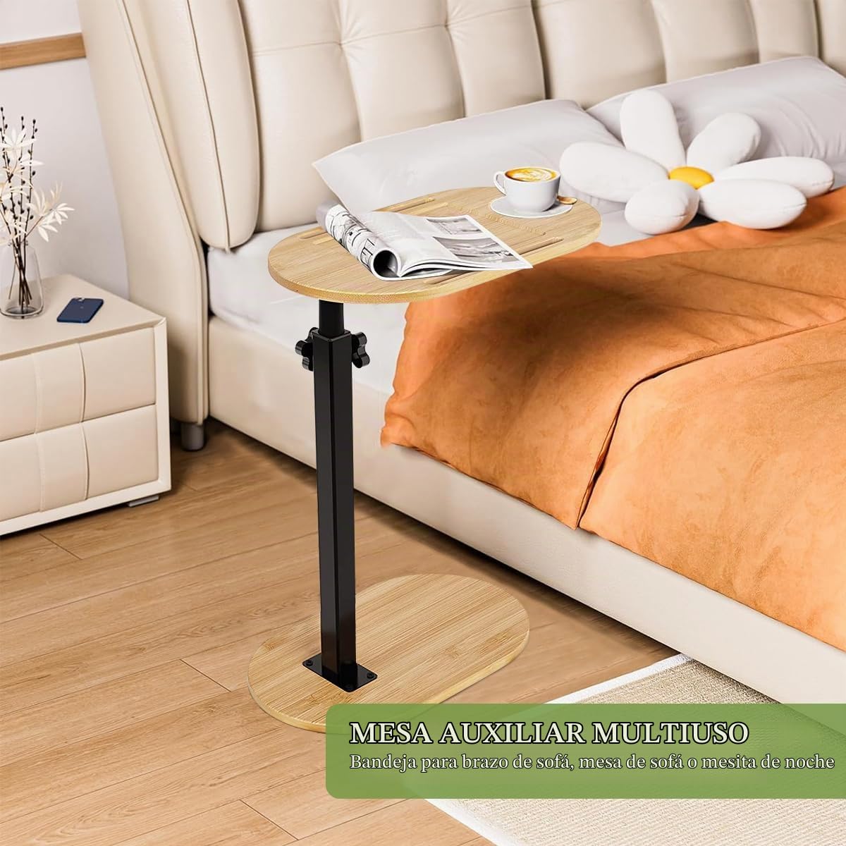 Mesa Auxiliar Regulable en Altura con Bandeja de Bambú | Mesa de Café Ovalada, Mesita de Noche para Espacios Reducidos, Color Madera Natural, Altura ajustable de 40 a 82 cm
