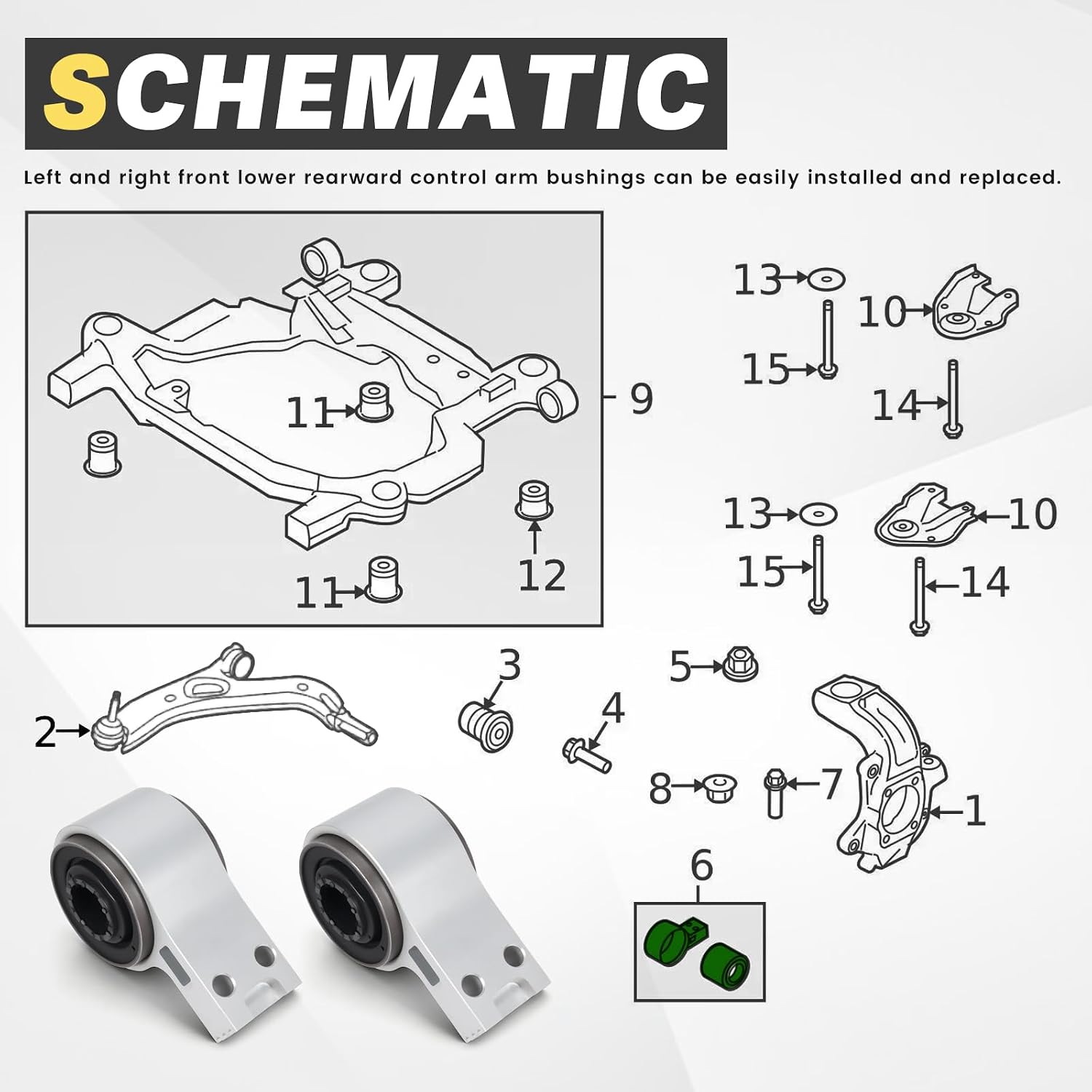 Left & Right Front Lower Rearward Control Arm Bushing Kit for Ford Five Hundred 2005-2007, Flex 2010-2012, Taurus 2008-2009, Mercury Montego 2005-2007, Sable 2008-2009, Lincoln MKT 2010-2012