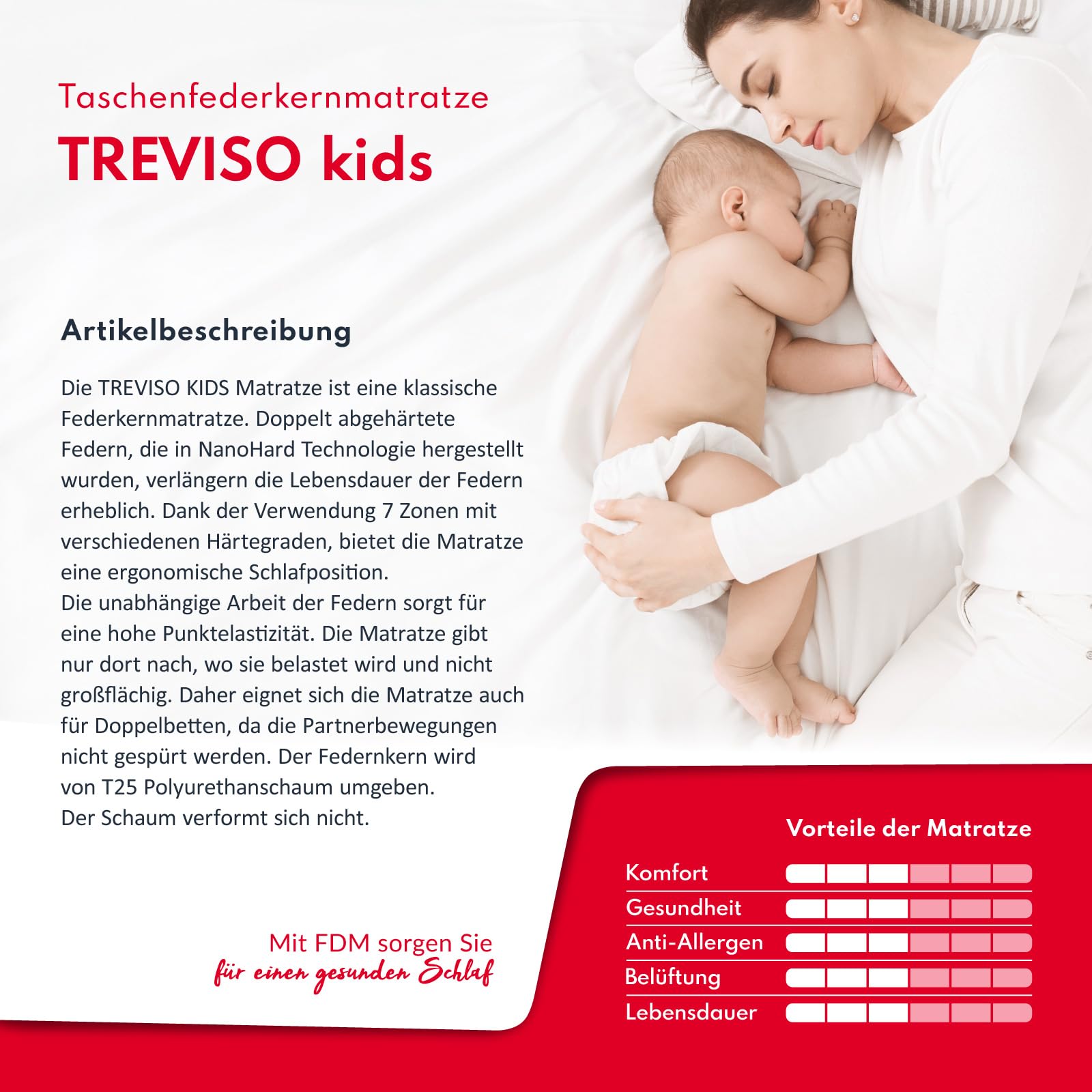 FDM TREVISO 4KIDS Materasso Singolo 80x180 cm Alto 14 cm Materasso a Molle Insacchettate con Schiuma di Memoria Grado di Rigidità H3 Due Lati Rivestimento Lavabile OEKO-TEX Anallergic