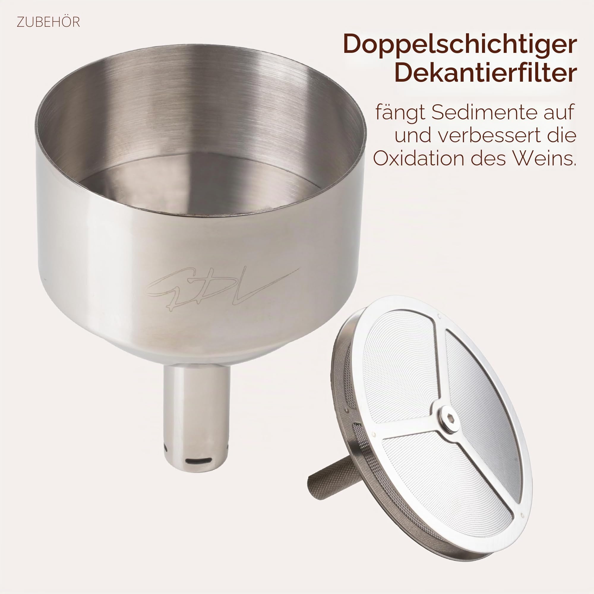 Filter zum Dekantieren des Weins in Trichterform aus Stahl mit Schichtstruktur und ergonomischem Griff + Kellnermesser mit Klinge zum Schneiden von Aluminium und einfacher Einführschraube, verpackt