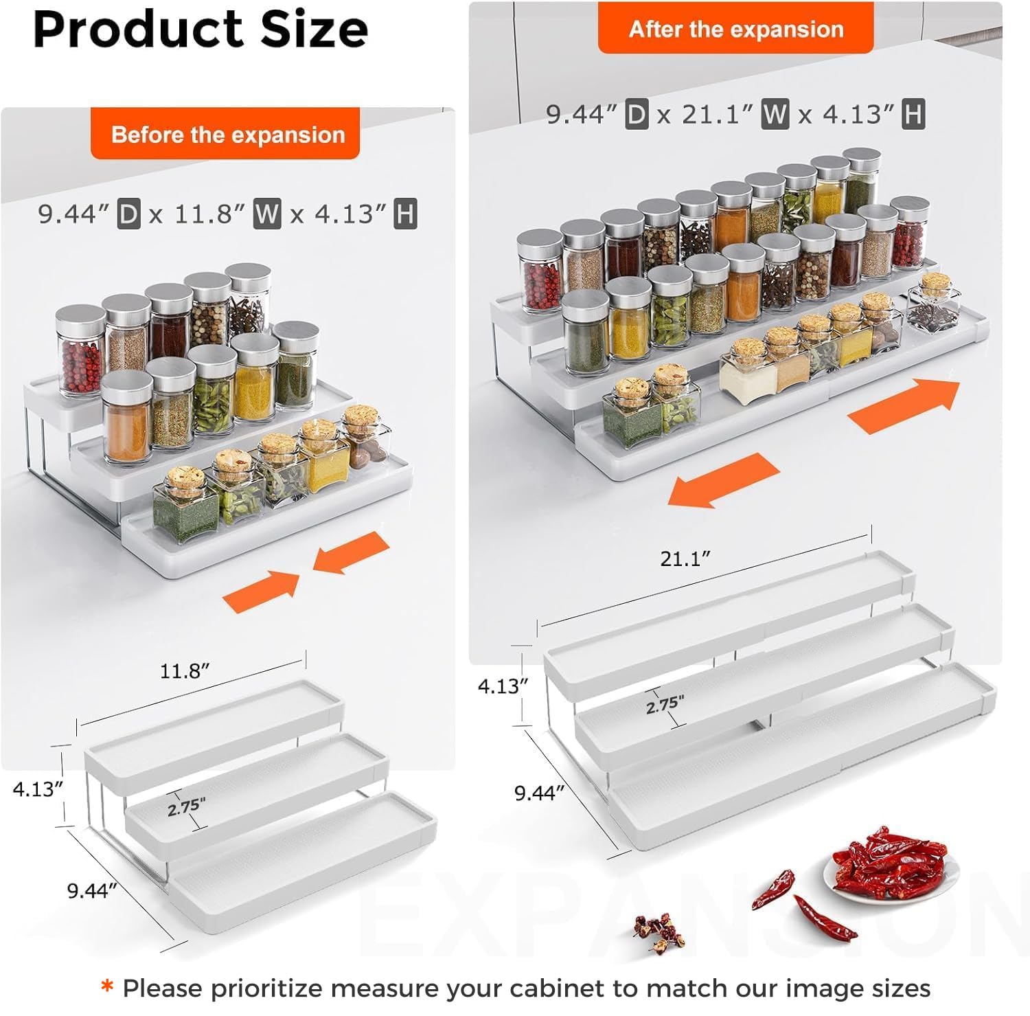 Organizador de especias expandible para gabinete, organizador de especias ajustable de 3 niveles, fácil visibilidad, organizador de especias para gabinete, encimera, armario, organización de 2