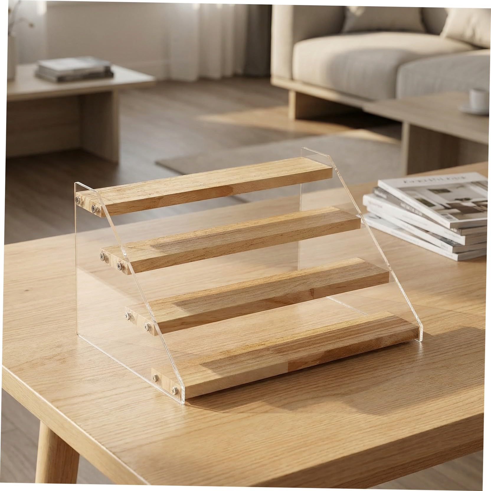 SHINEOFI Scaffale Portaoggetti a 4 Livelli in Legno e Acrilico, Espositore a Gradini per Dessert e Cosmetici, Organizer da Tavolo per Casa, Ristoranti e Eventi come Matrimoni e Feste