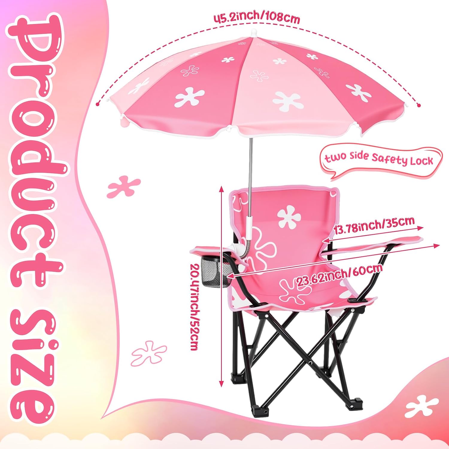 Outdoor Toddler Camping Chair with Umbrella Foldable Beach Chairs with Safety Lock for Kids Waterproof Lawn Kids Folding Chair for Outside Beach Travel(Flower)