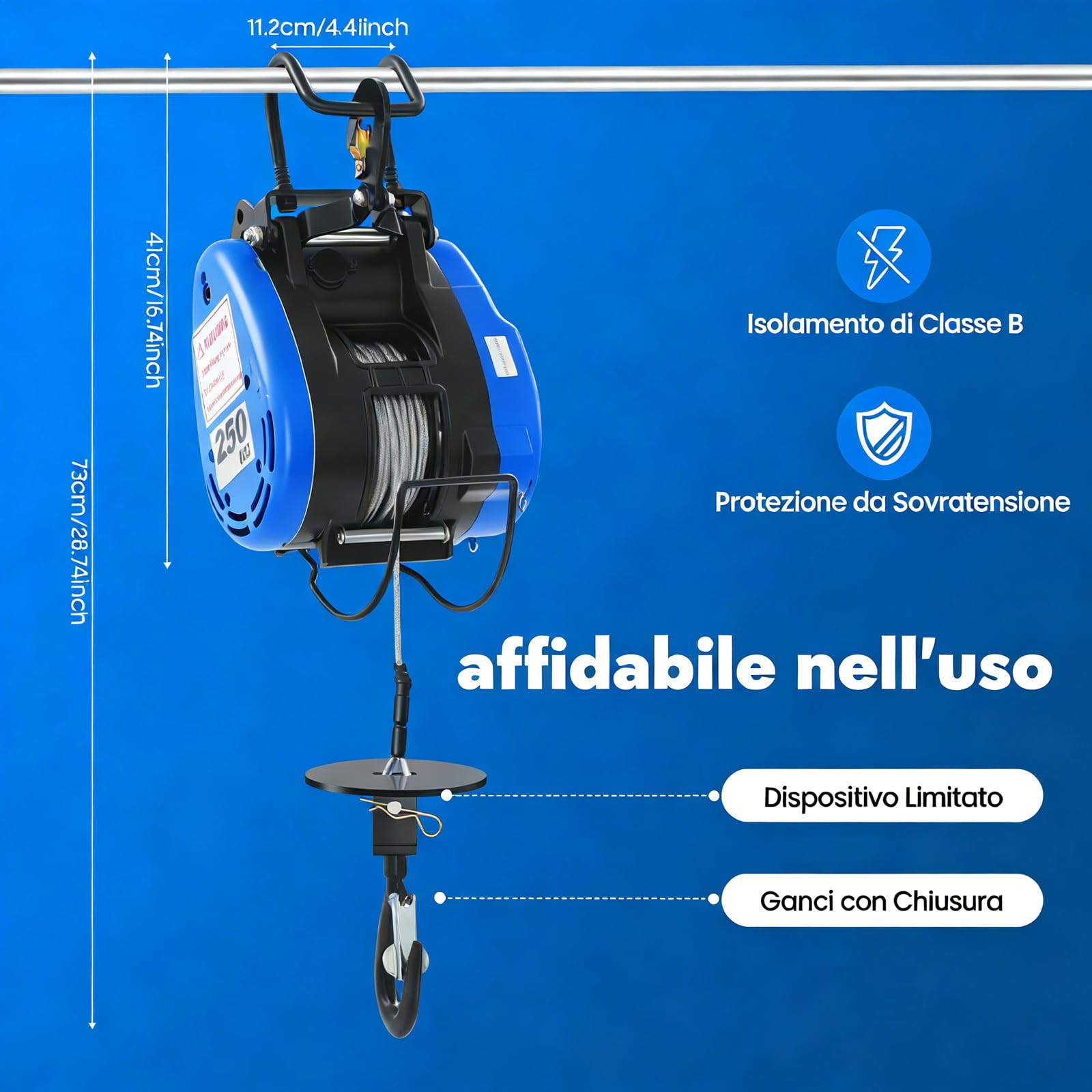 Verricello elettrico mobile, 230 V, 250 kg, portata 19 m/min, telecomando senza fili (100 m), con batteria, manico di controllo del cavo, 1500 W, 29 m, altezza di sollevamento 30 m, fune metallica