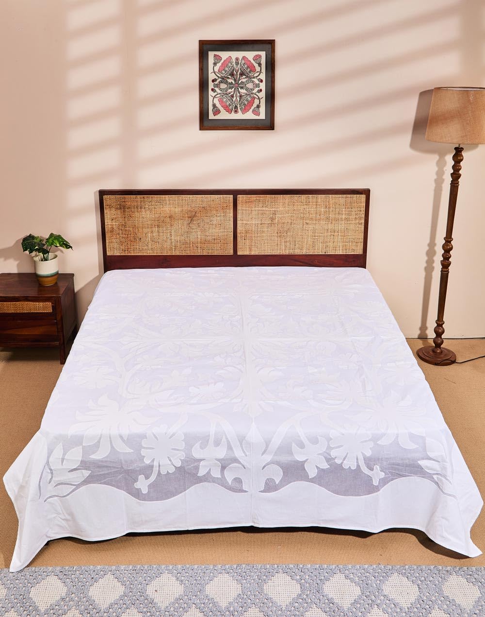Fabindia White Cotton Embroidered Bed Cover- Double-image-26