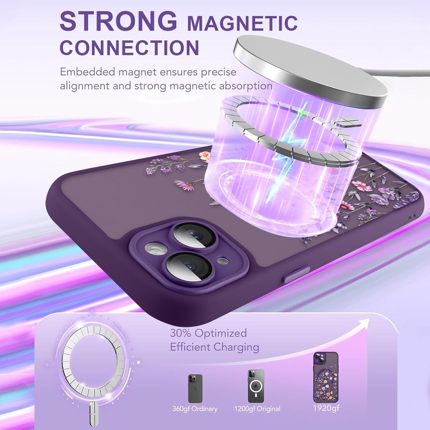 Magnetic for iPhone 14 Case with Screen Protector [Compatible with MagSafe] Pretty Flower Floral Pattern Design, Shockproof Slim Cover for Women Girls, Dark Purple - Image 3