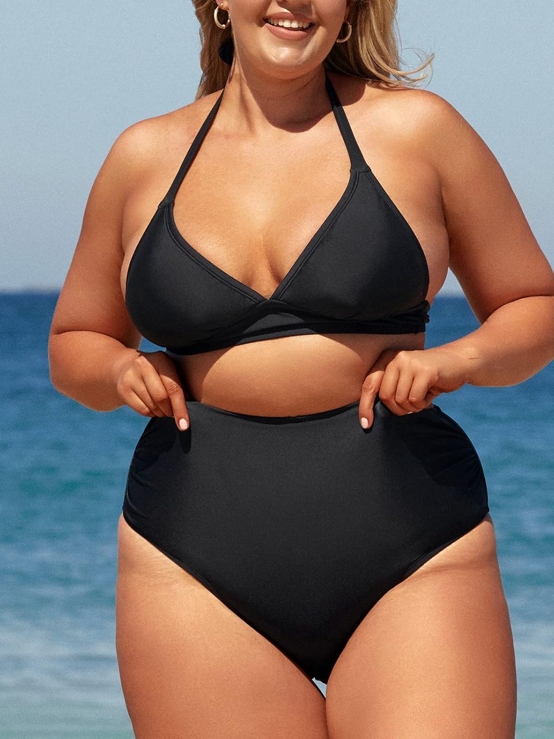 CUPSHE Women Swimsuit Plus Size Bikini Set Three Piece High Waisted Sheer Mesh Top Halter Ruched Bottom
