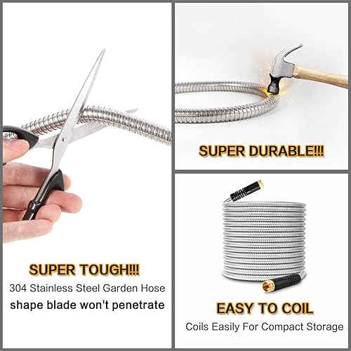 Miniatura 4 de Manguera de jardín de metal flexible de 75 pies, manguera de agua resistente con acero inoxidable 304 duradero y boquilla rociadora de 10 vías,