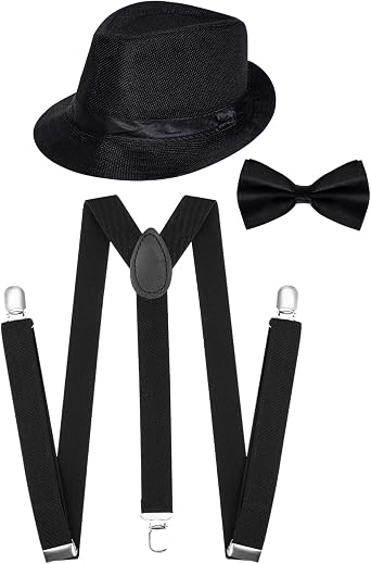 SUMERSHA 3Pcs 1920s Mens Costume Accessories Roaring 20s Set Fedora Hat Y-Back Suspenders Bow Tie for Halloween Theme Party