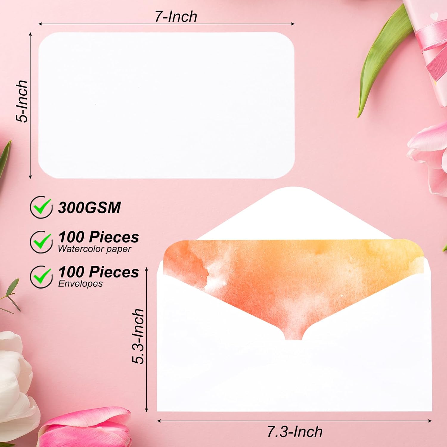 PATIKIL 100 Sets Pure Cotton Watercolor Cards 140lb/300 GSM Postcards Rounded Corners with Envelopes for Art Painting Creative Thank Notes, 5x7 Inch