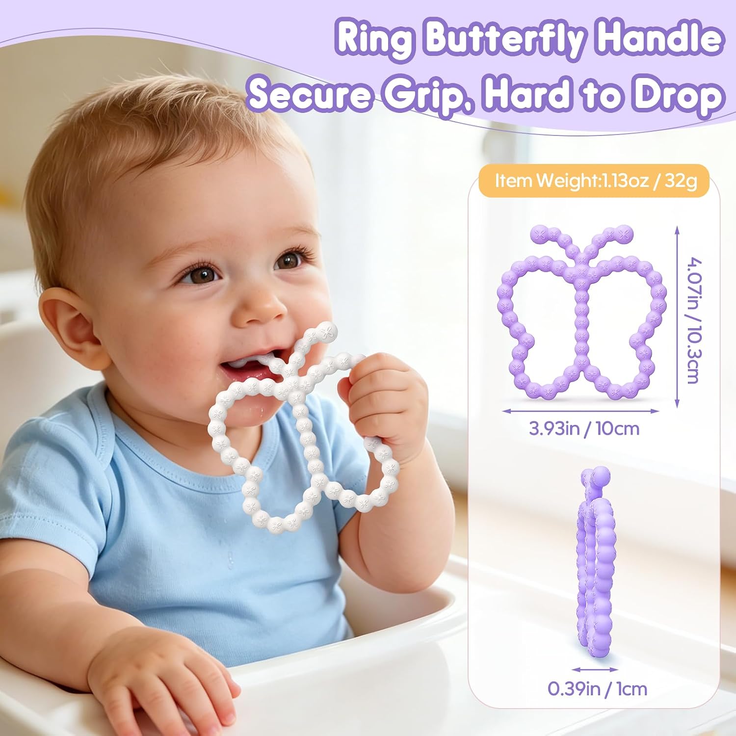 2 Pack Baby Teether Toys for 0-6 6-12 Months, BPA-Free Silicone Infant Butterfly Teething Ring Toys 3-6 Months, Newborn Sensory Chew Toys for Teething Relief, Baby Shower Gifts