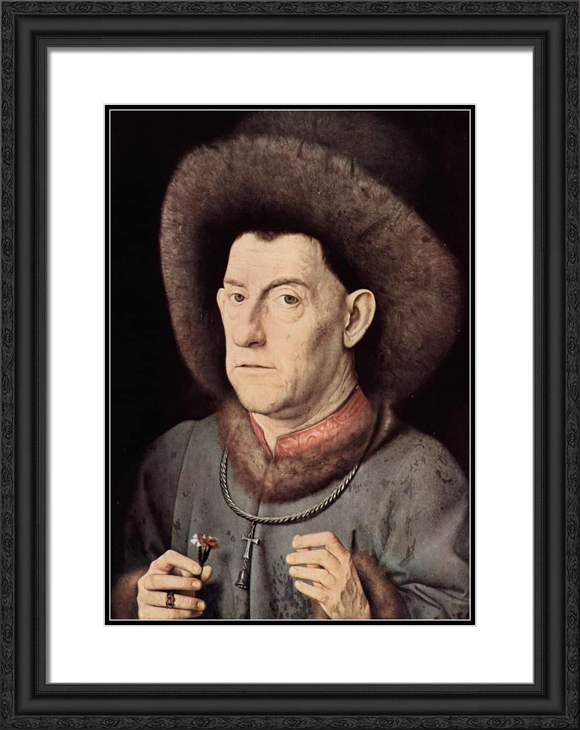 ArtDirect Van Eyck, Jan 19x24 Gold Ornate Framed Art Print with Double Matting Titled: Portrait of a Man With Carnation