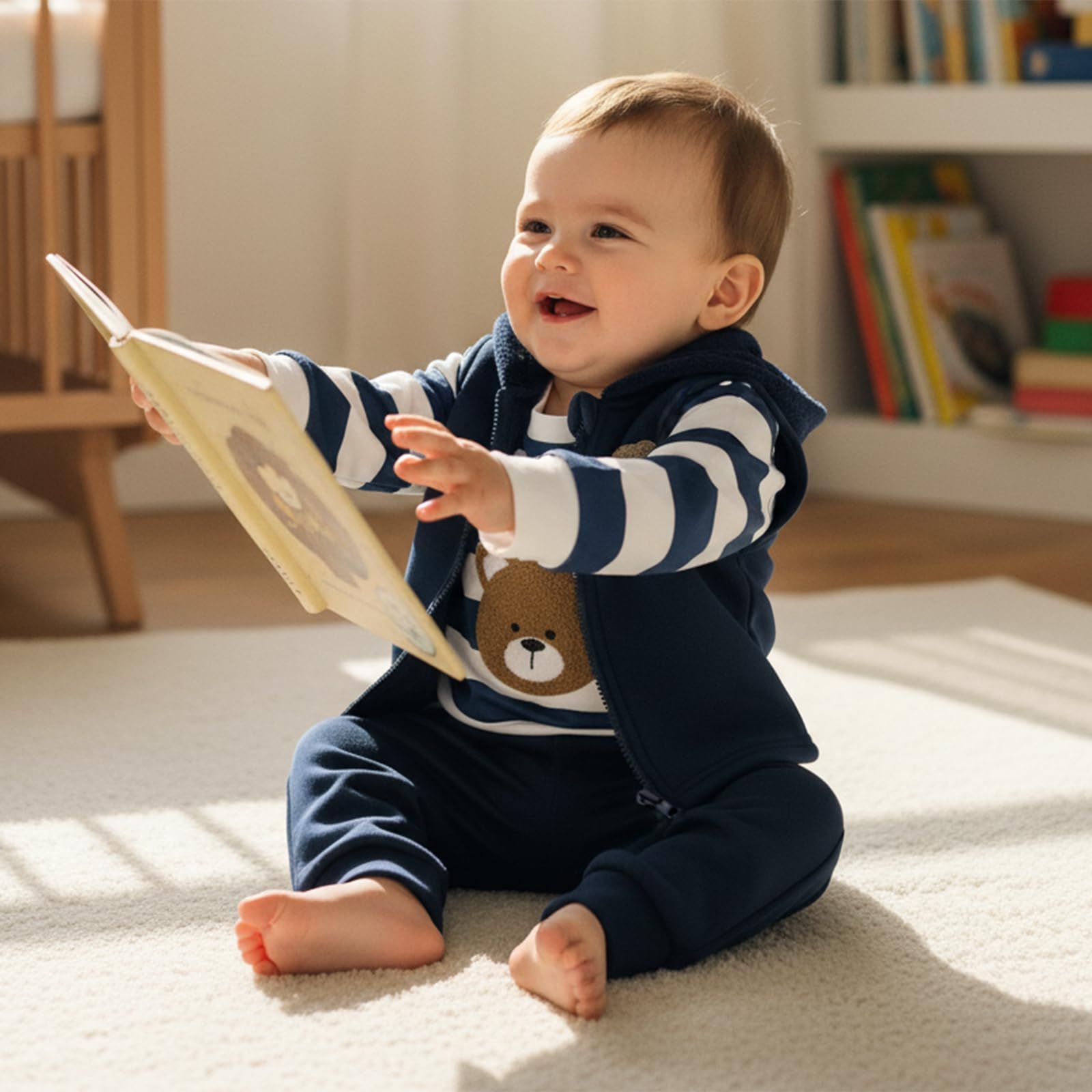 Carolilly Ensemble 3 pièces pour bébé garçon avec veste à capuche + t-shirt rayé ours + pantalon - Vêtements d'hiver pour enfants (6 mois à 3 ans)