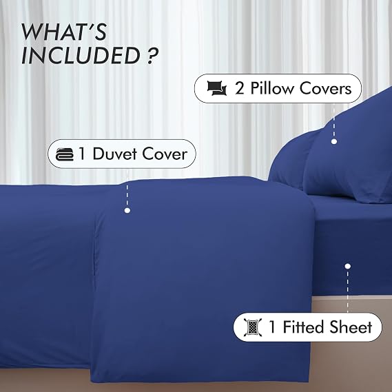 Bedding Set Double with Fitted Sheet, Duvet Cover & 2 Pillowcases – Royal Blue Microfibre 4 Piece Bed Set | Soft, Durable & Easy Care Double Bedding for All Season Comfort in Modern Bedroom