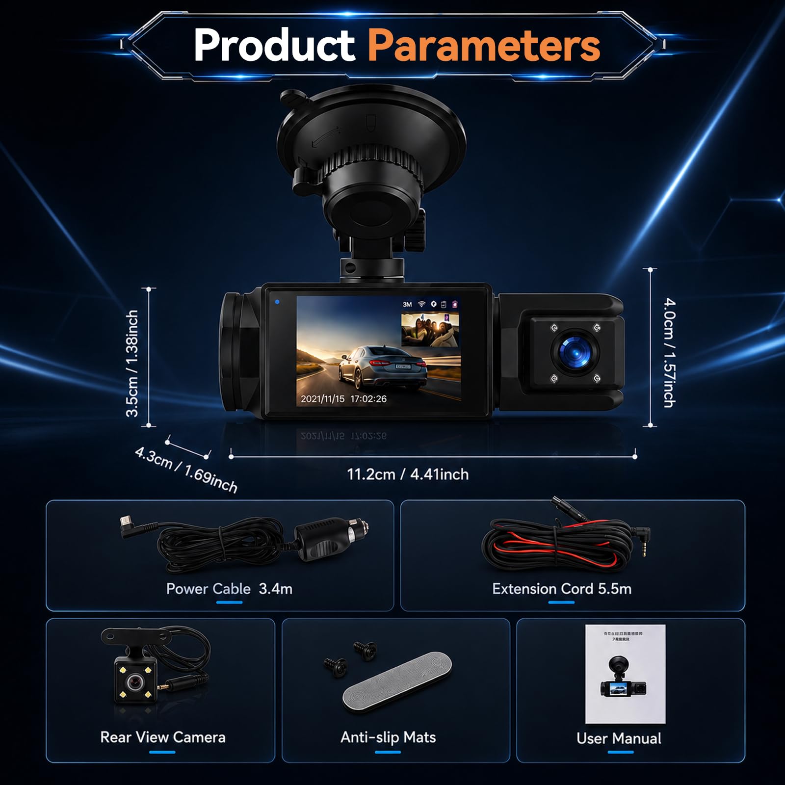 Dashcam 3 Canali Full HD, Mini Camera Auto con WiFi, App, Sensore Movimento | Display IPS 2" con Visione Notturna Avanzata WDR, Registrazione in Loop, Wi-Fi App Viidure, Monitoraggio Parcheggio H24