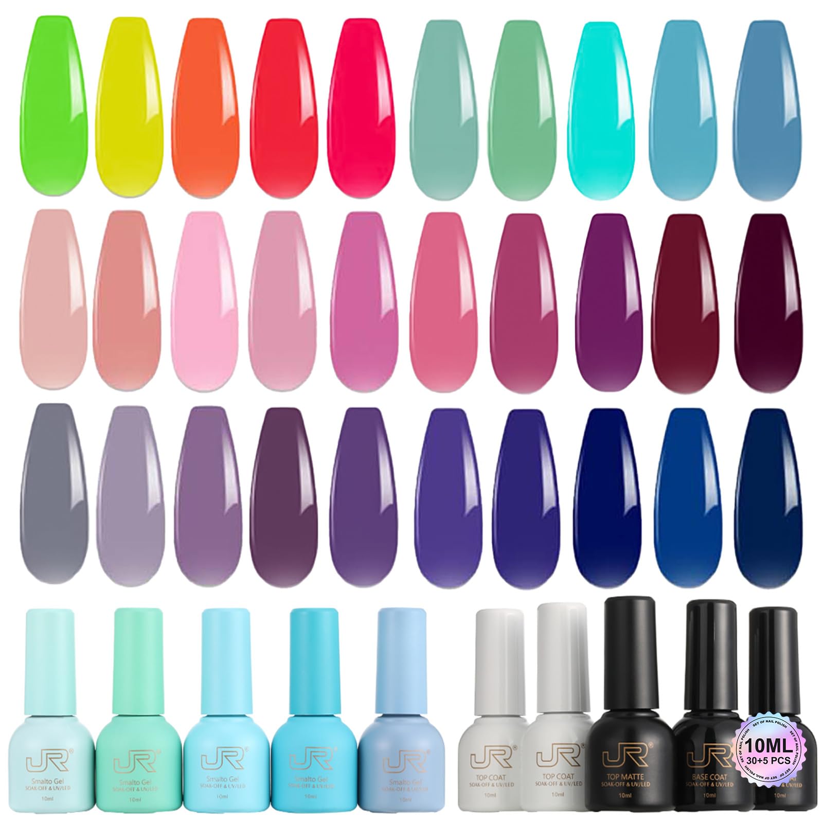 JR 35pcs 10ml Gel Nail Polish Same Color Same Bottle Deep Colors Blue Green Yellow Red Pink Gel Polish Set Base Top Matte Coat for Professional Nail