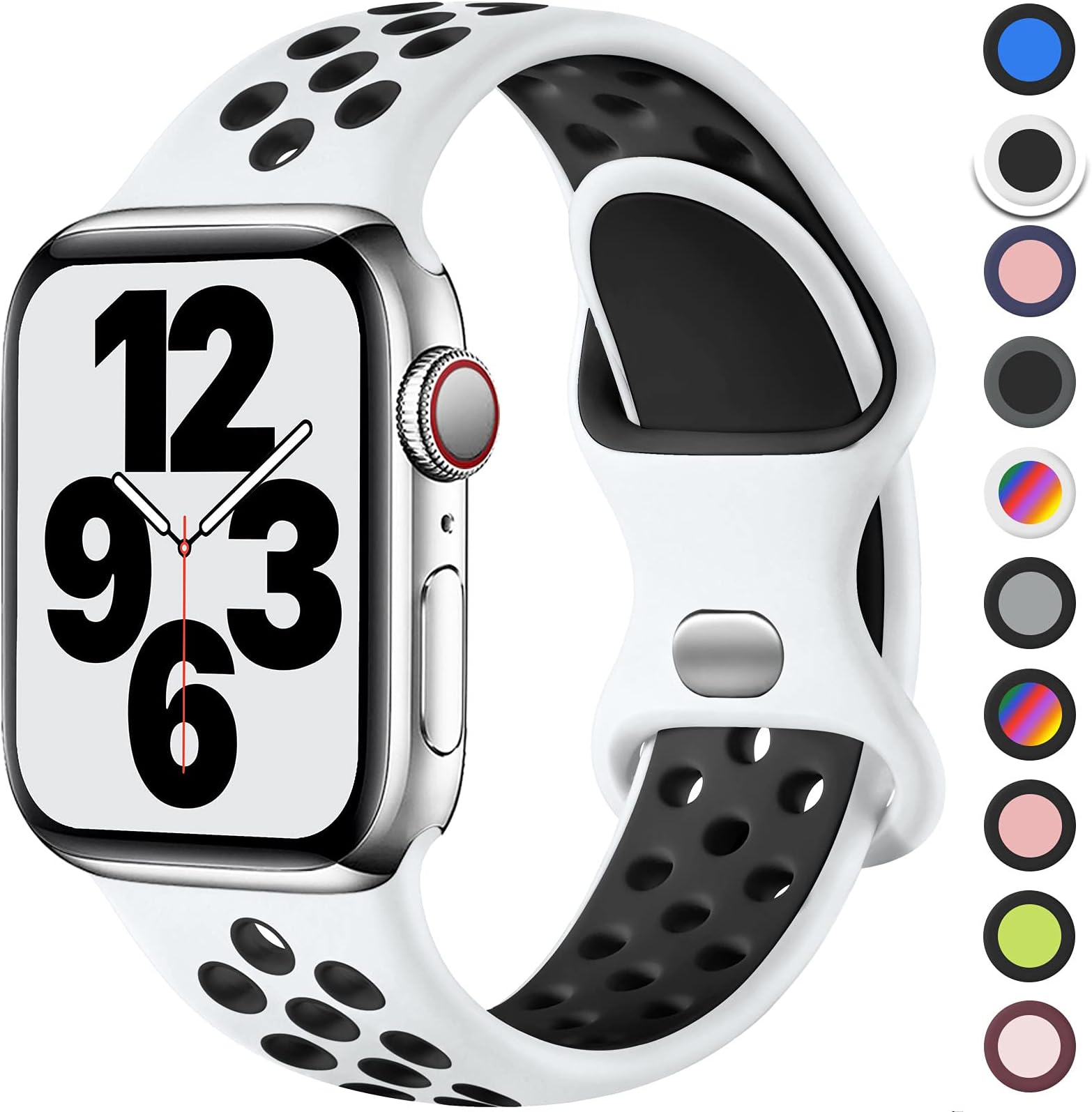 Upeak Sport Strap Compatible with Apple Watch Strap 40mm 38mm 41mm 42mm 44mm 45mm 46mm 49mm, Breathable Silicone Double Hole Band for iWatch Strap Series 10 9 8 7 6 5 4 3 2 1/SE/Ultra, L, White/Black