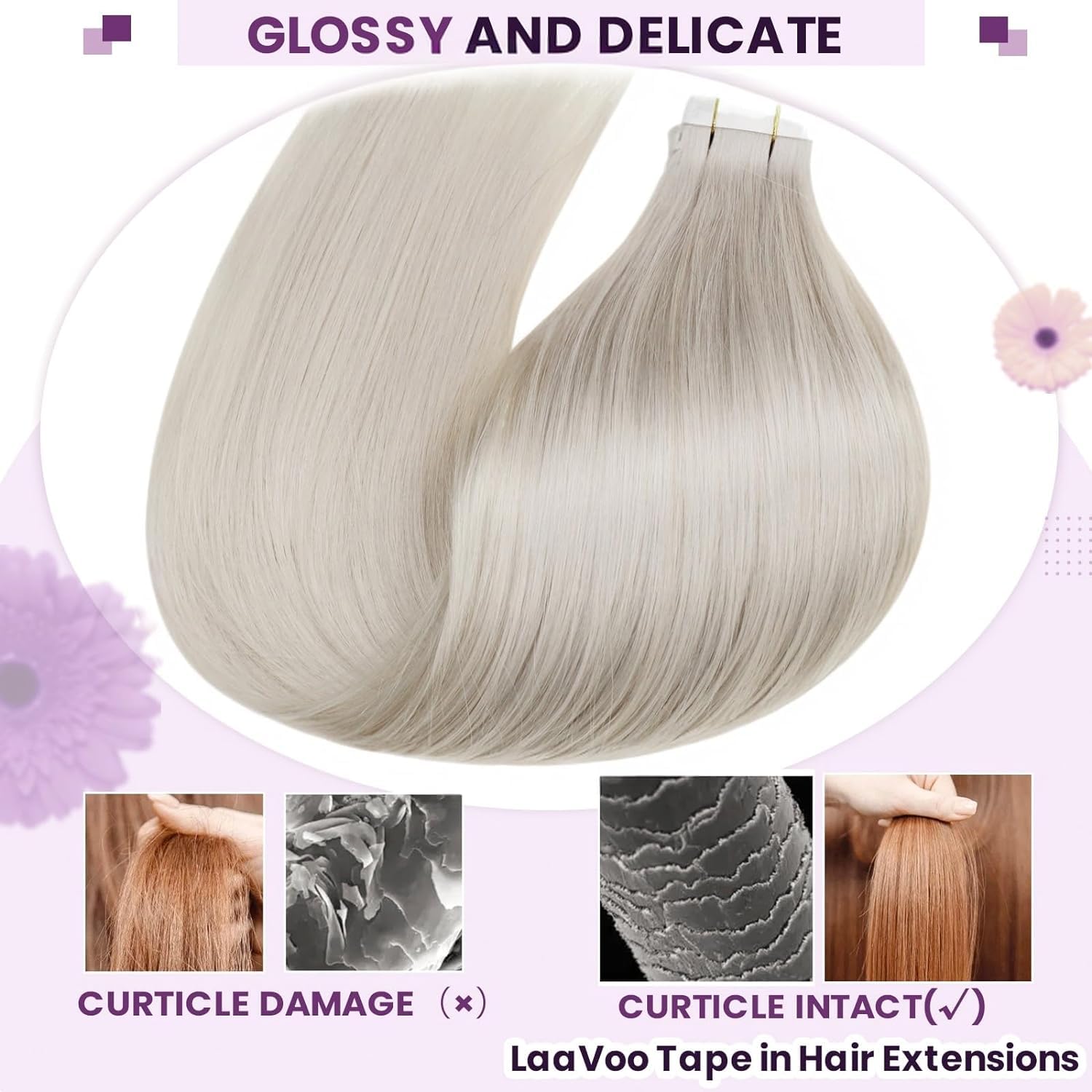 LaaVoo Blonde Tape Hair Extensions Real Human Hair 24 Inch Tape in Hair Extensions Human Hair Invisible Tapes Remy Straight White Blonde Hair Double Sided Tabs 20pcs 50g #60 - Image 4