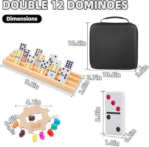 Miniatura 6 de Juego de dominó de tren mexicano con 6 soportes de madera, dominó dobles de 12 puntos de colores con cubo de actualización, juego de tren de viaje