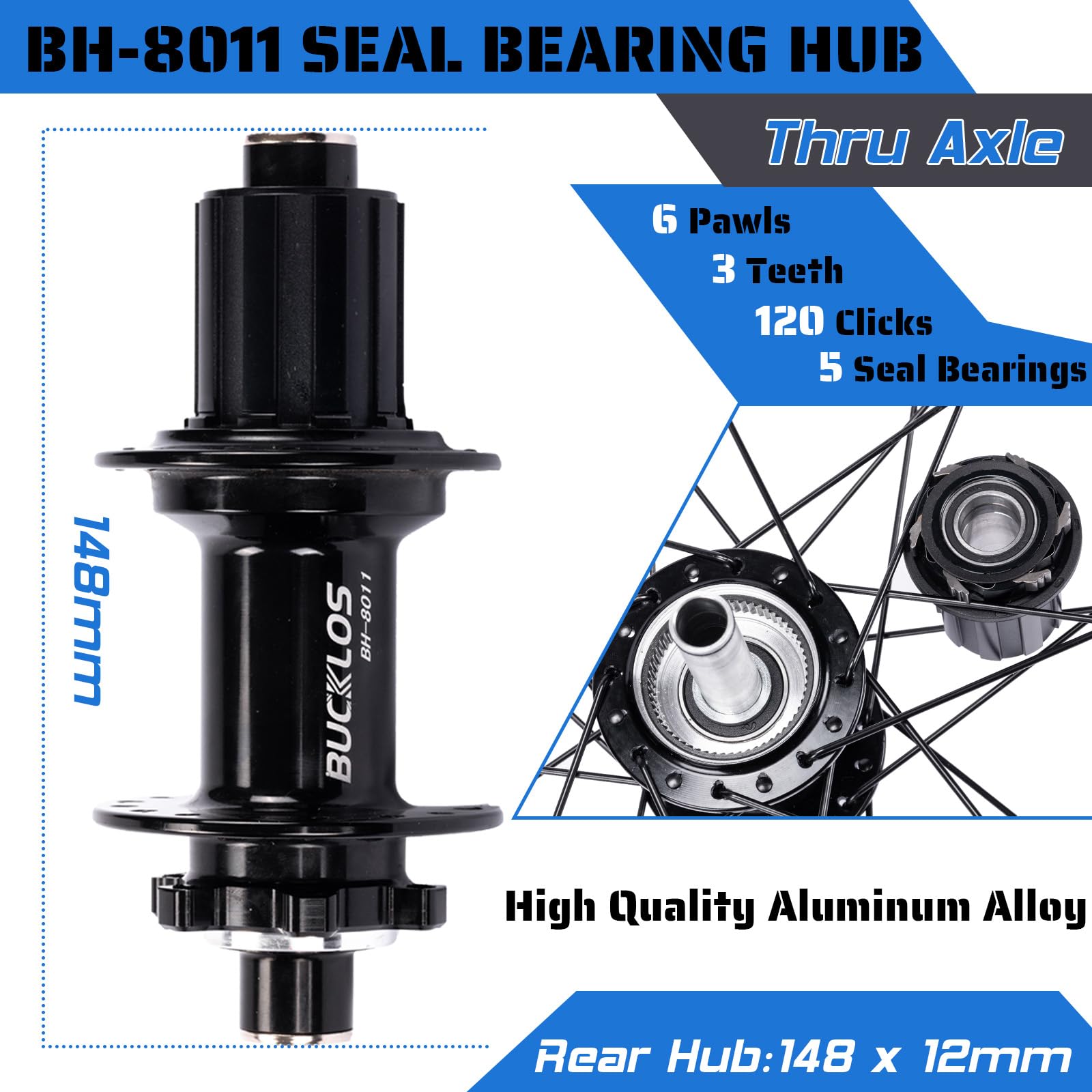 BUCKLOS Juego de ruedas traseras de 27.5 pulgadas, freno de disco trasero de 12 x 148 mm, rueda de bicicleta de montaña, AL6061 32H 1.9/2.5 doble pared clincher doble, compatible con casete de 8 9 10