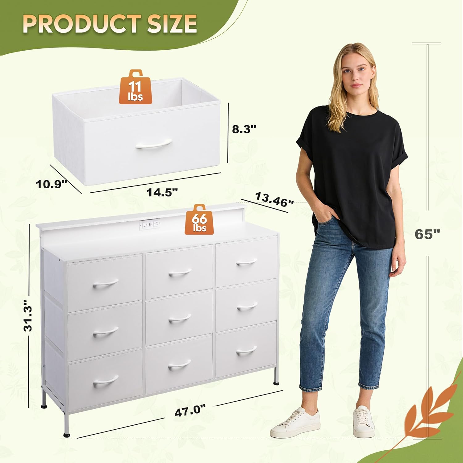 White TV Stand for 45, 50, 55 inch TV, TV Media Console Table with LED Lights & Charging Station, Entertainment Center with 9 Fabric Drawers and Open Shelves for Living Room, Hallway - Image 8