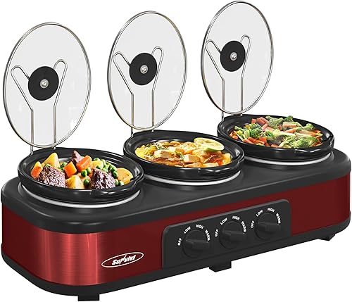 Miniatura 5 de Sunvivi Horno asador y triple olla de cocción lenta, tostador de pavo de 24 cuartos con función única de descongelación/calor, rojo, 3 ollas,