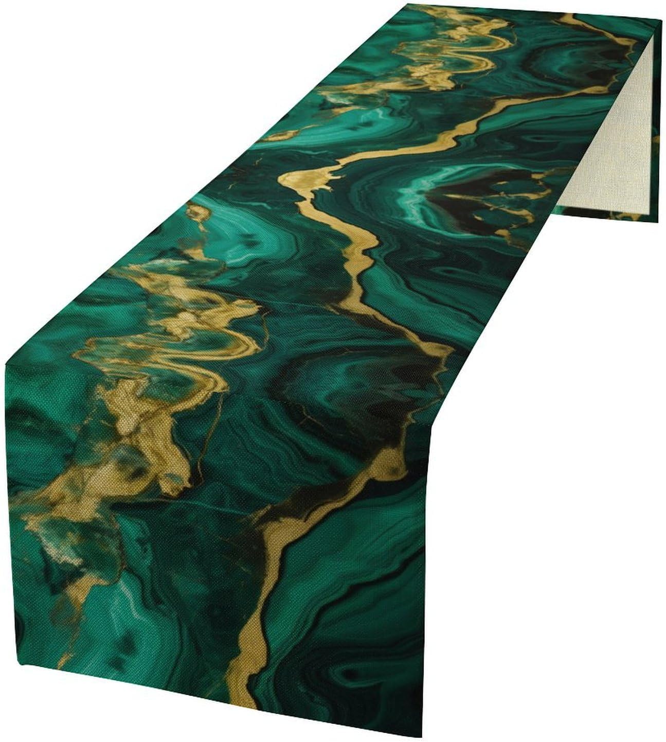 Green Gold Marble Table Runner, Emerald Green and Gold Abstract Marble Texture Pattern Print for Home Kitchen Table Decor Dining Coffee Room Party Decor 13x72in