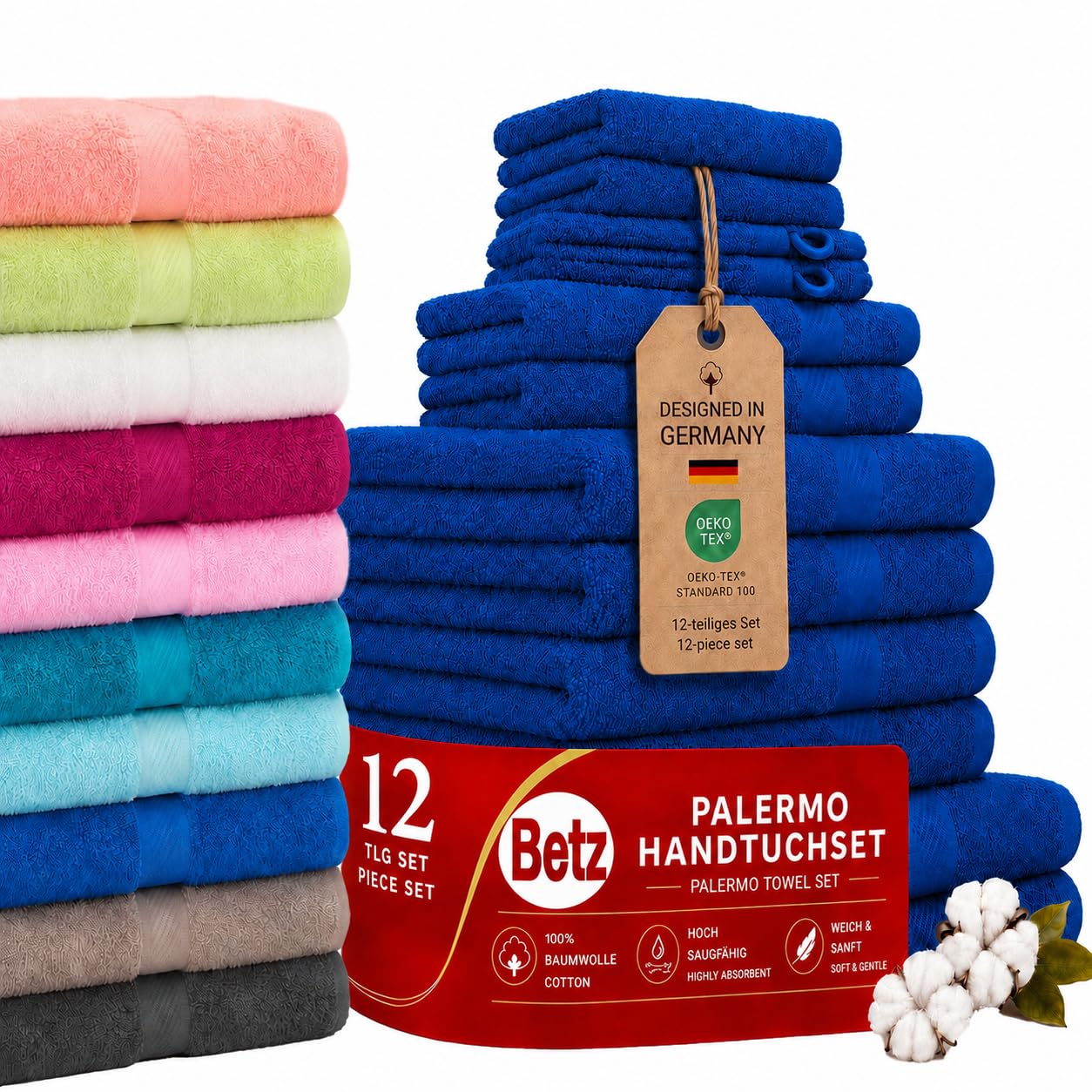 Betz Set da 12 asciugamani PALERMO 100% cotone 2 asciugamani da doccia 4 asciugamani 2 asciugamani per gli ospiti 2 lavette 2 guanti da bagno Colore blu