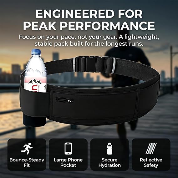 Running Hydration Belt with Water Bottle Holder, Phone Storage, Black
