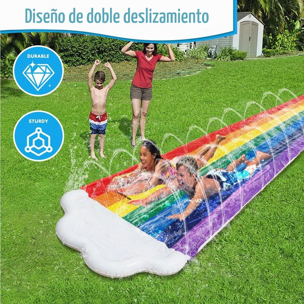 Tobogán de Agua Doble,480x140CM Water Slip and Slide con 2 Tablas de Surf y Rociador,5 Parches de Reparación,Juguetes de Exterior,Juegos de Piscina,Jardín