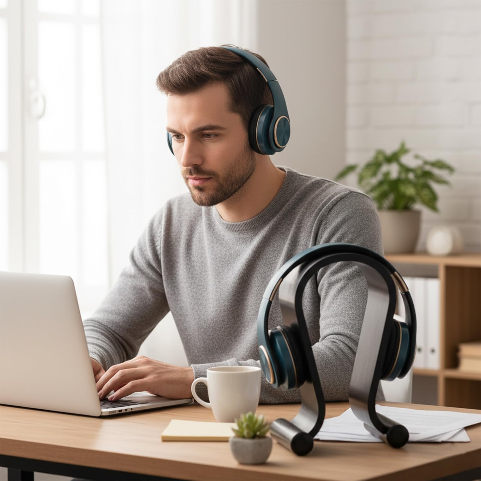 Espositore per Cuffie in Legno Naturale, Supporto Universale a Forma di U con Base Antiscivolo - Design Moderno, Ecologico per Cuffie Cablate/Wireless (Nero)
