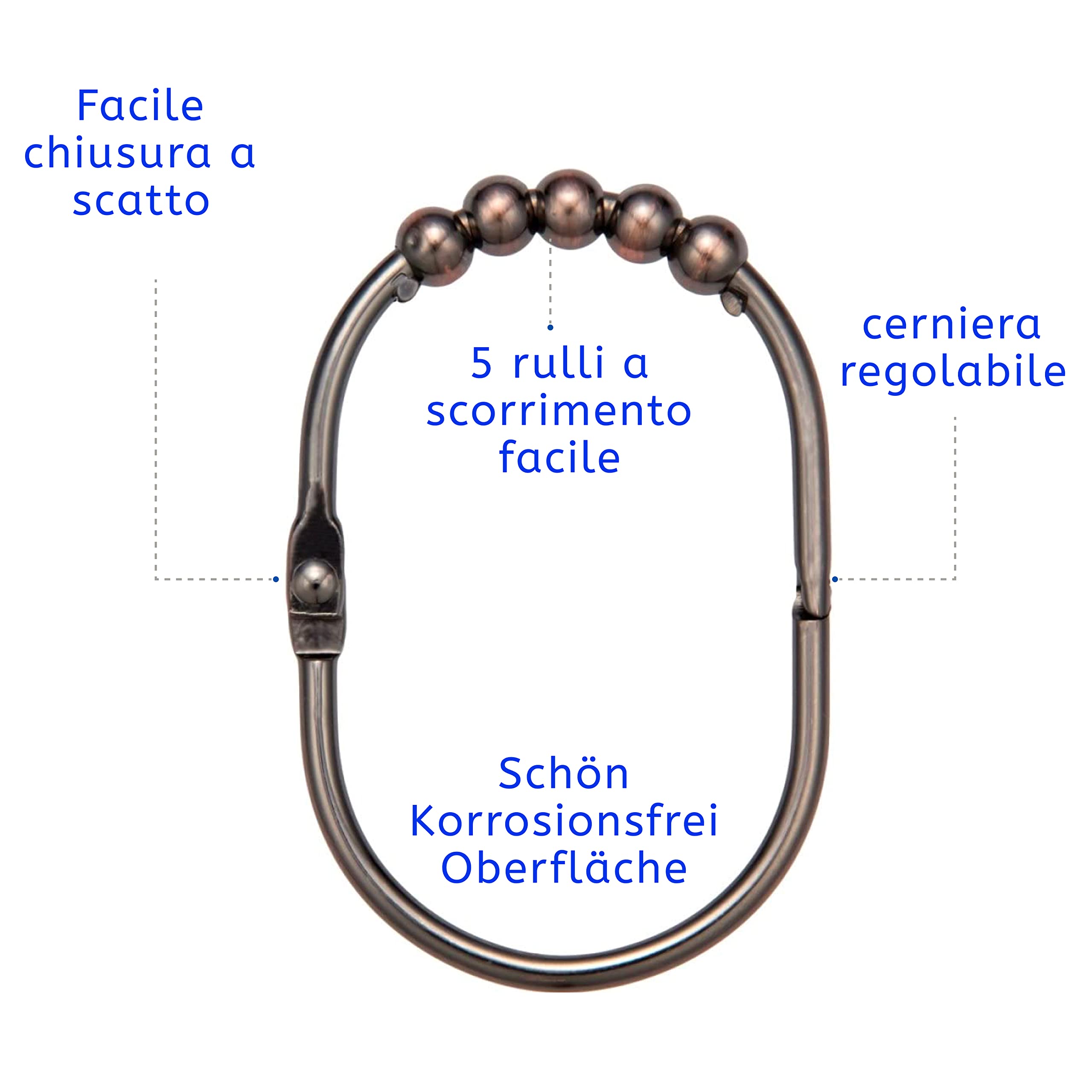2 Lb. Depot Set di anelli/ganci per tende da doccia larghi, finitura decorativa in bronzo lucidato a olio, rulli Easy Glide, 100% acciaio inossidabile antiruggine, set di 12 anelli