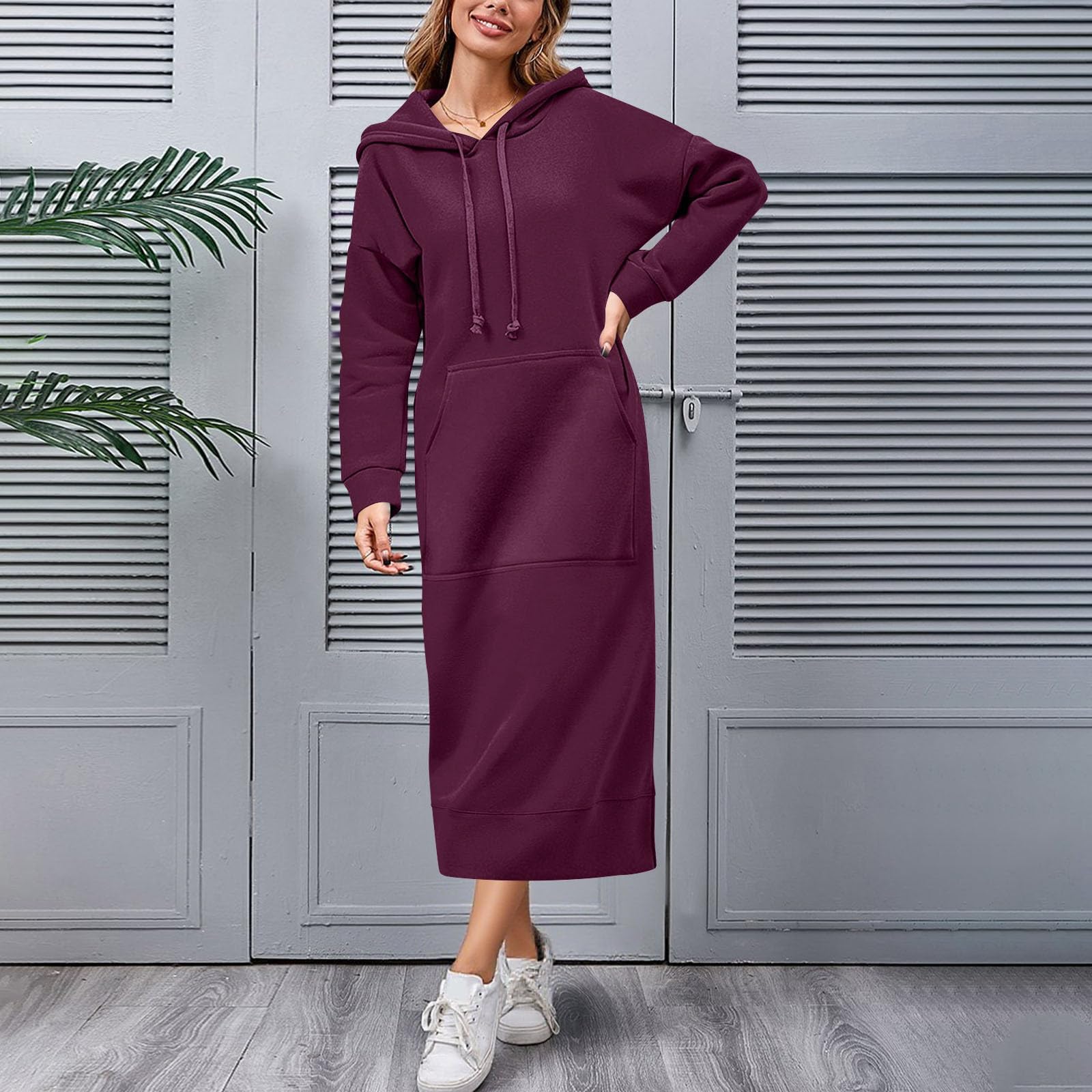 Robe longue à capuche pour femme, robe longue surdimensionnée avec cordon de serrage et poche