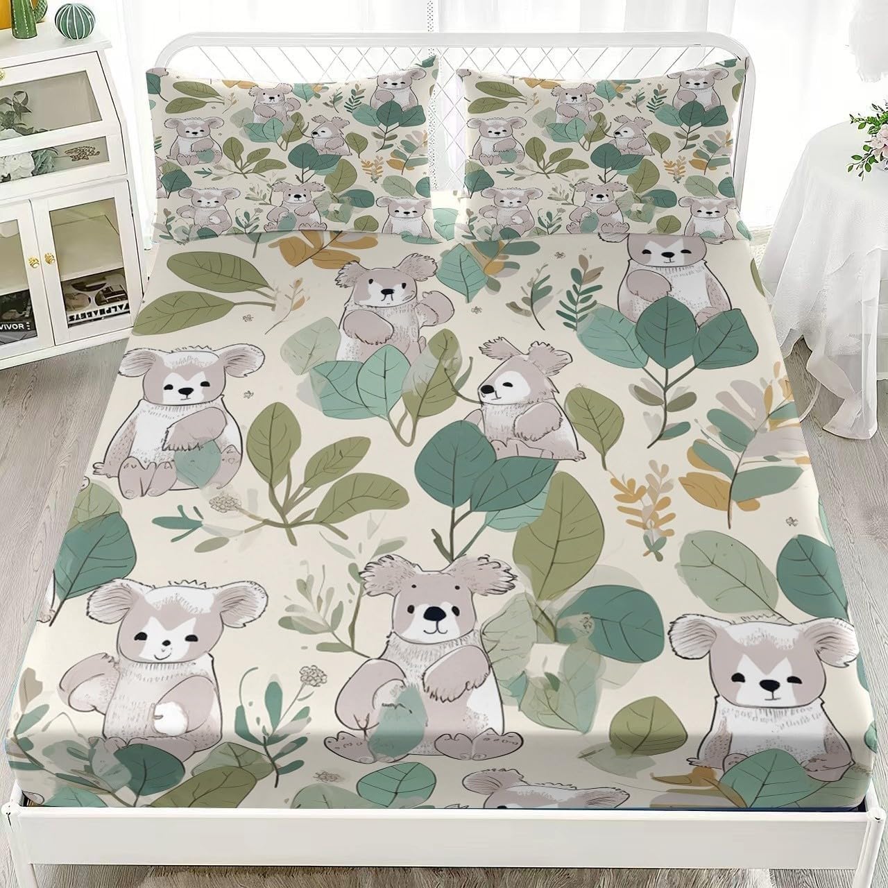 Koala Single Fitted Sheet Cartoon Bed Sheets Deep Pocket 12 inch (30 cm) Soft Cozy 3 Piece Microfibre Bed Sheet 90x190 cm with 2 Pillowcases 50x75 cm