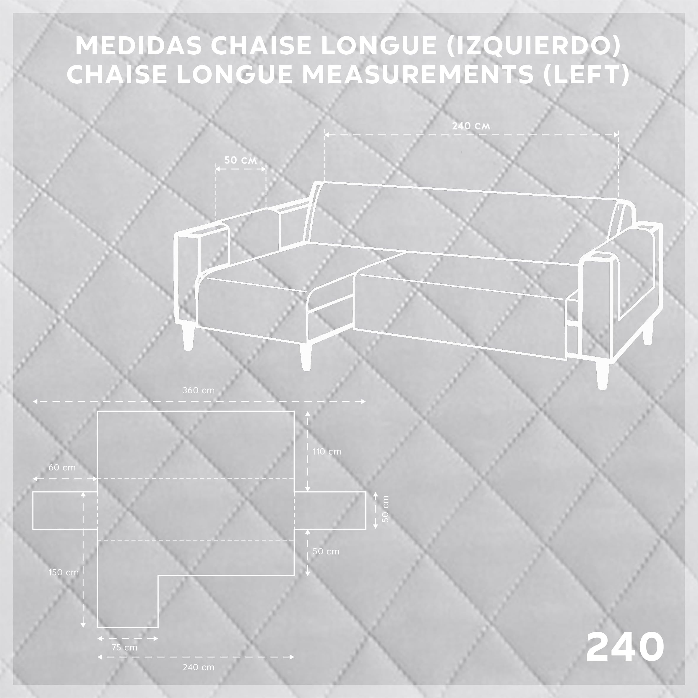 Textilhome Copridivano Chaise Longue con Penisola Malu 240cm – Salvadivano Trapuntato Universale con Bracciolo Sinistro, Protezione per Animali Domestici, Colore Grigio Chiaro (Visto da Davanti)