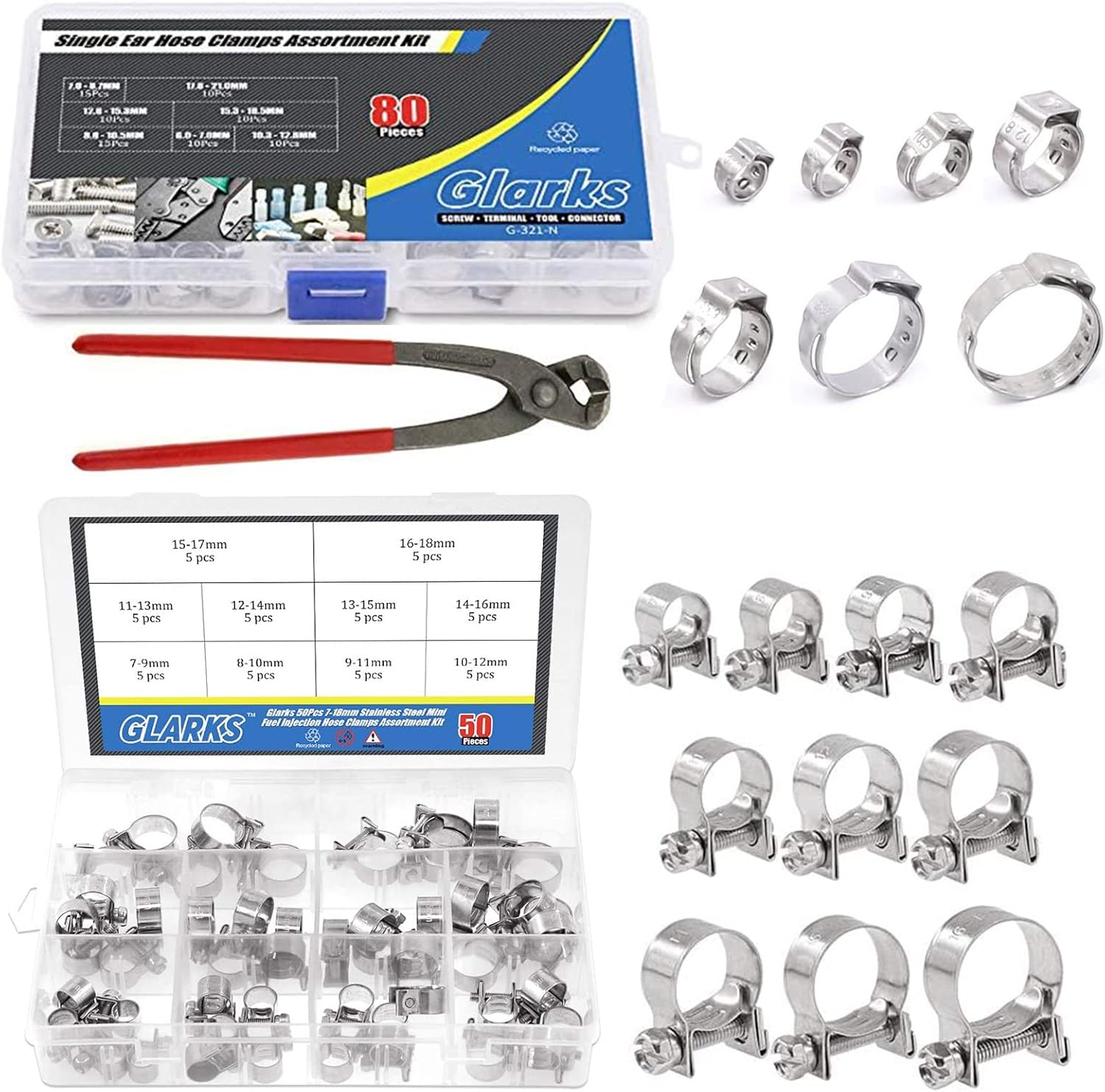 Glarks 80Pcs 7-21mm 304 Stainless Steel Single Ear Hose Clamps with Pincers Kit + 50Pcs 7-18mm Stainless Steel Mini Fuel Injection Hose Clamps Assortment Kit