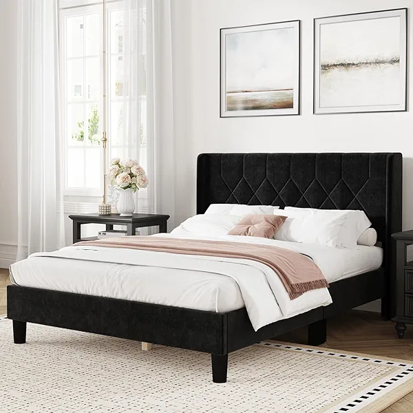 Novilla Queen Size Bed Frame, Queen Bed Frame with Headboard, Velvet Upholstered Pull-Point Wing Side Headboard, No Box Spring Needed, Heavy Duty Feet, Easy Assembly, Black Velvet