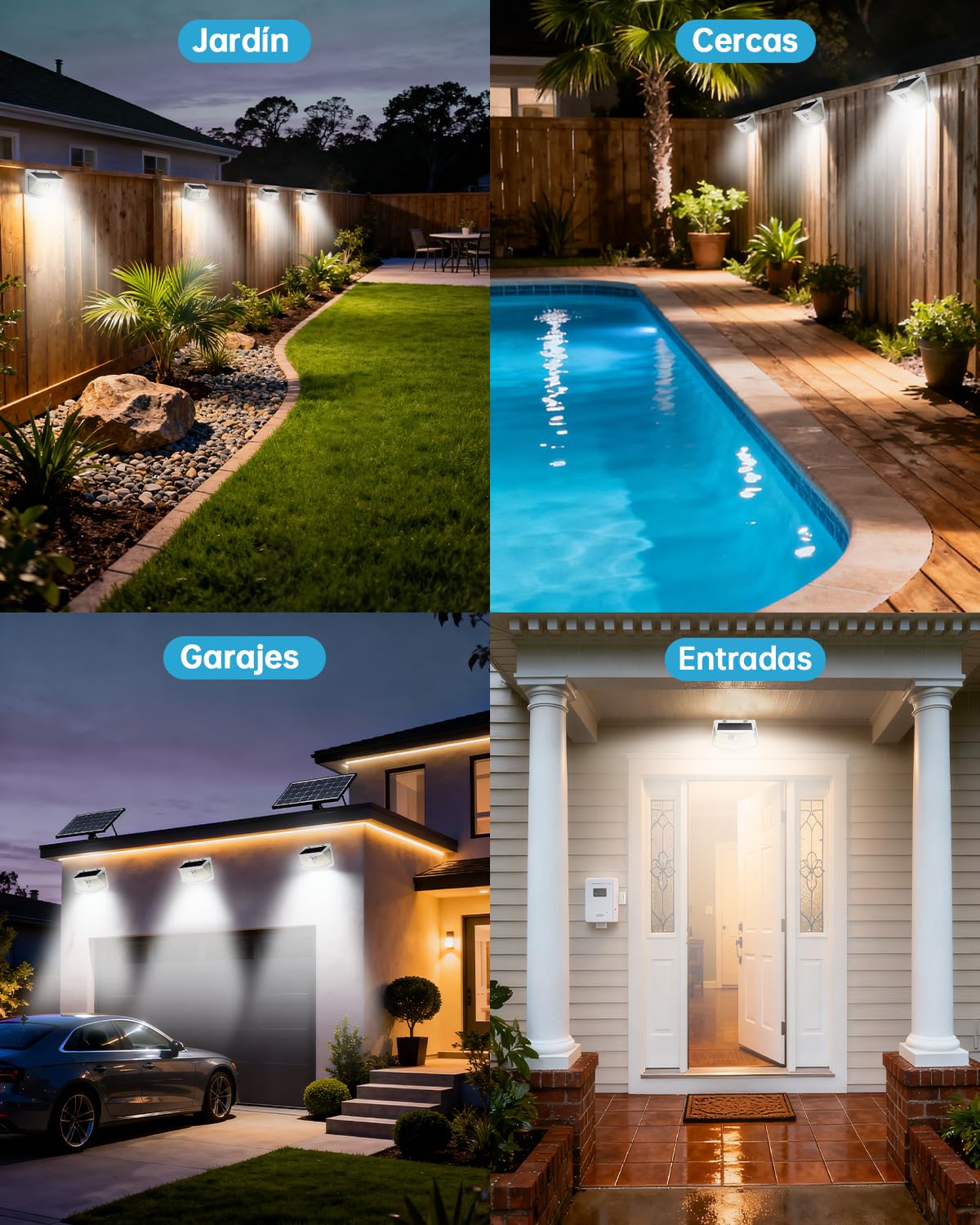Aootek Focos Solares Exteriores LED - Sensor Movimiento 120 LEDs Ángulo Amplio 270° Impermeable IP65 Jardín Terraza Seguridad - Pack de 8, Carcasa Blanco, Luz Fría | Detector de movimiento 8 m, forma curva, batería de litio, carcasa blanca, luz fría