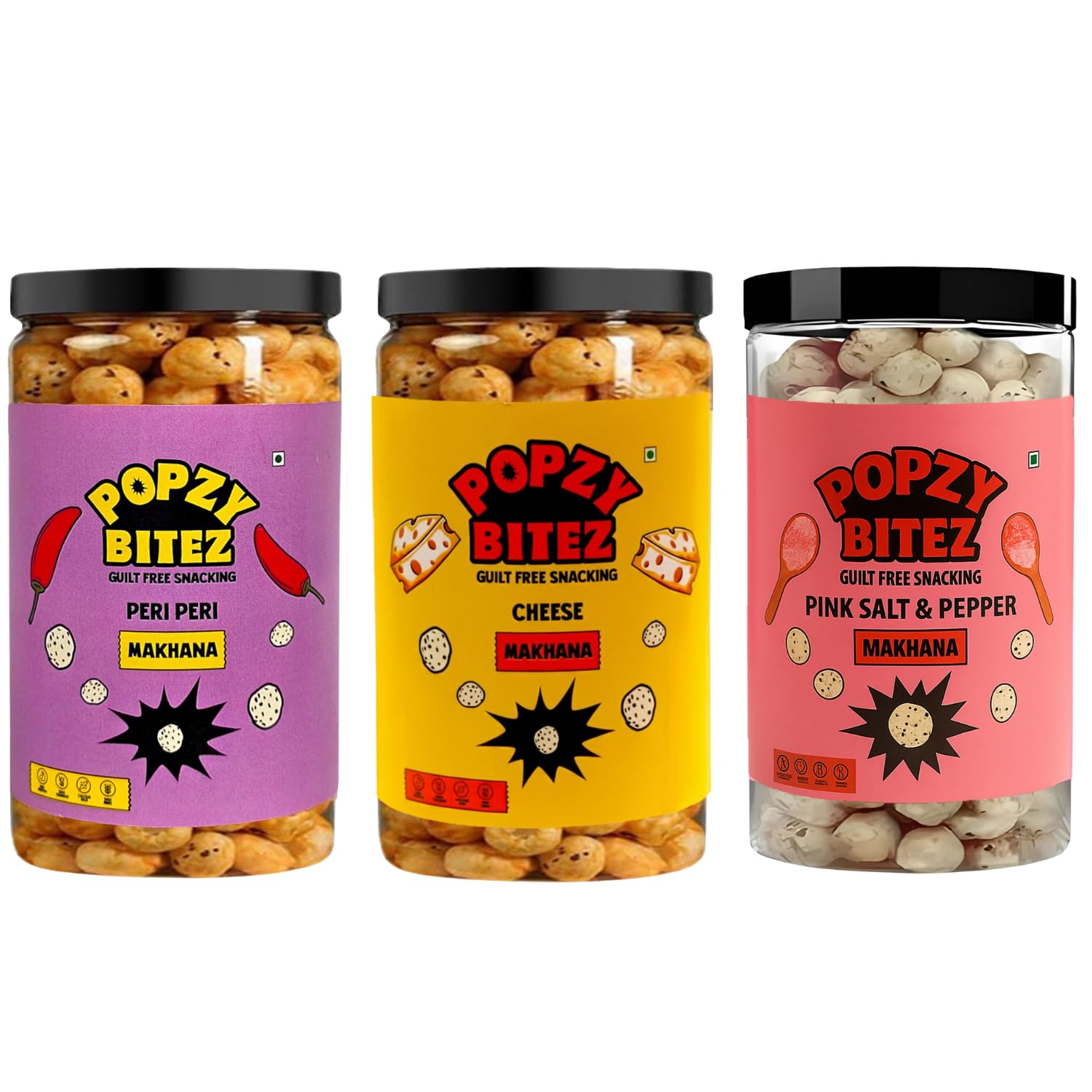 Popzy Bitez Set of 3 Flavoured Roasted Makhana Snack Jars – Cheese, Pink Salt & Pepper, and Peri Peri – Crunchy, Healthy Foxnuts Packed with Protein and Natural Ingredients-image-3
