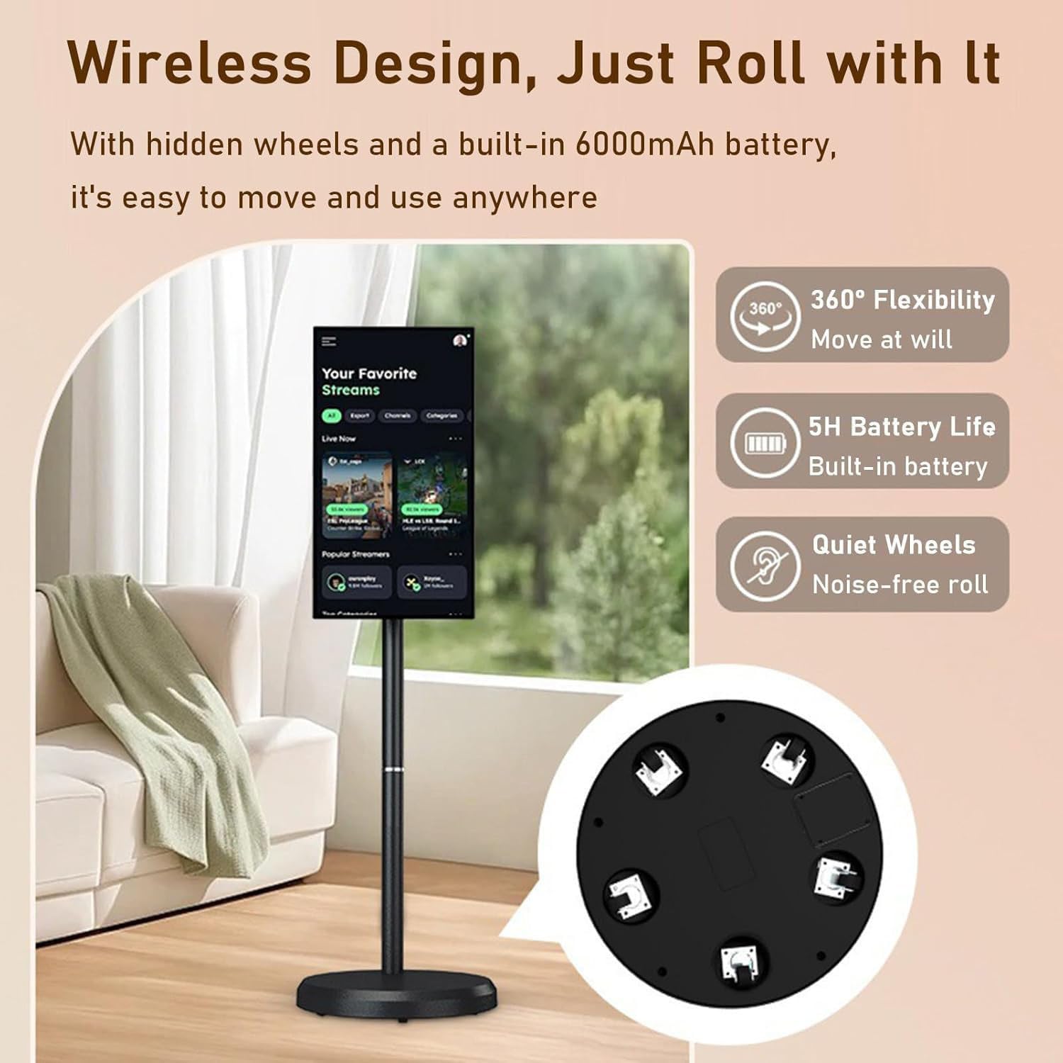 Televisor portátil con pantalla giratoria 4K Ultra HD, Smart TV con ruedas y control remoto, 4+64GB/8+128GB, sistemas operativo Android, batería integrada con 5-8 horas de reproducción 32in-4G64G
