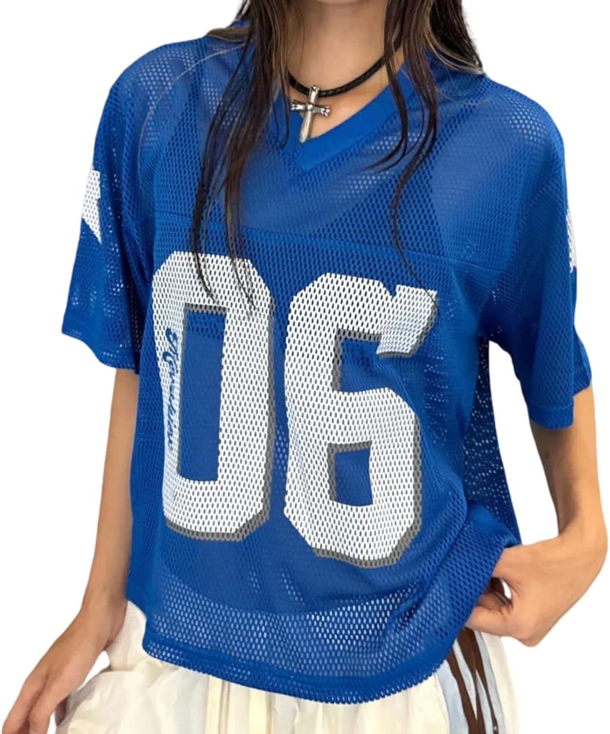 Y2k Jersey Shirts for Women Number Letter Graphic Mesh Oversized T Shirt Vintage V Neck Summer Football Tee Tops