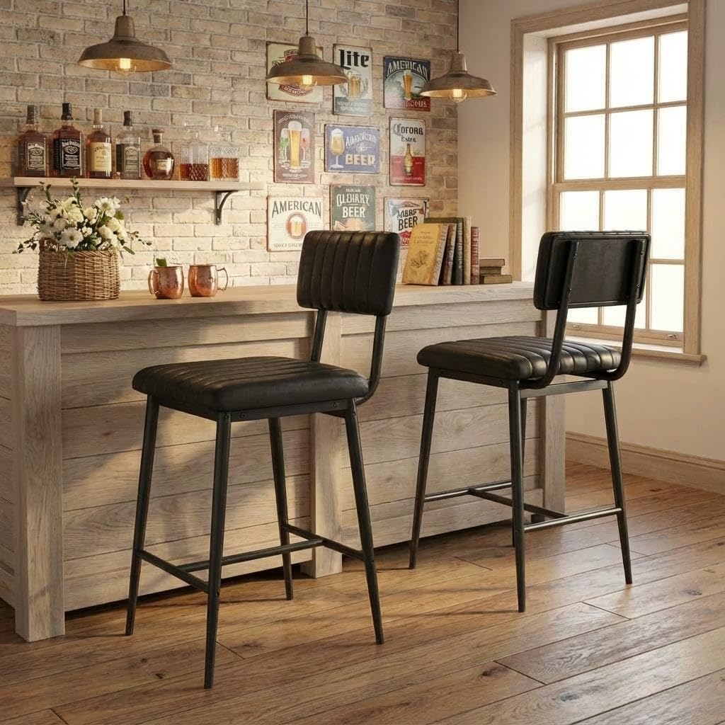 IDEALHOUSE Bar Stools Set of 2 w/Back & Footrest, Counter Height Bar Stools Set of 2 with Thick Cushion & Thickened Metal Legs, Upholstered Counter Height Bar Stools for Island, Counter Bar, Black