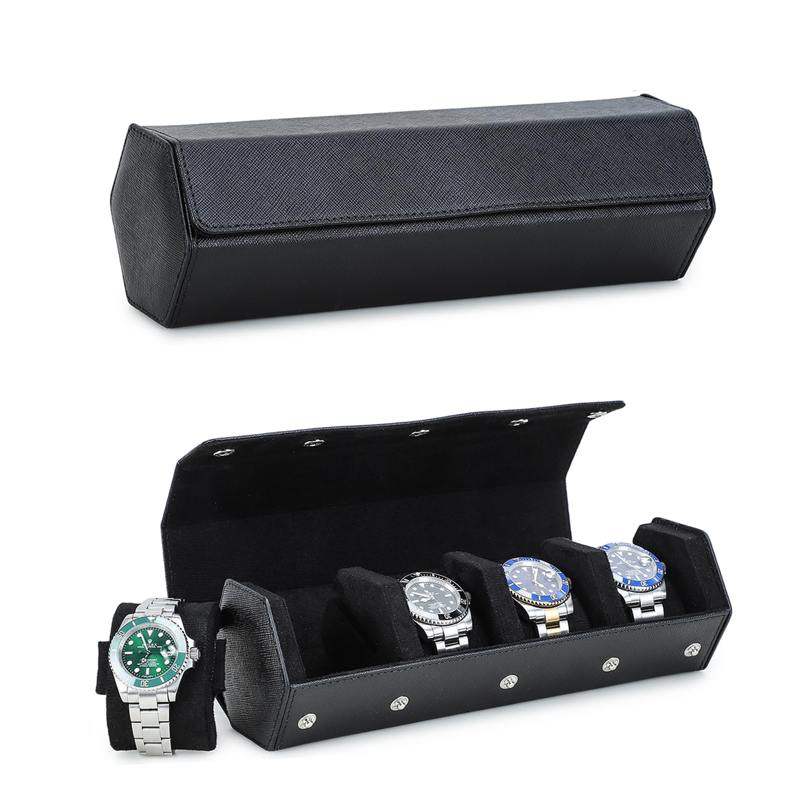 HVMBEUGOS Hiram Hexagon Watch Case Genuine Saffiano Leather Watch Box for 4 Watches, Leather 4-Slot Watches Protective Storage Case Watch Display Organizer for Men (Black)