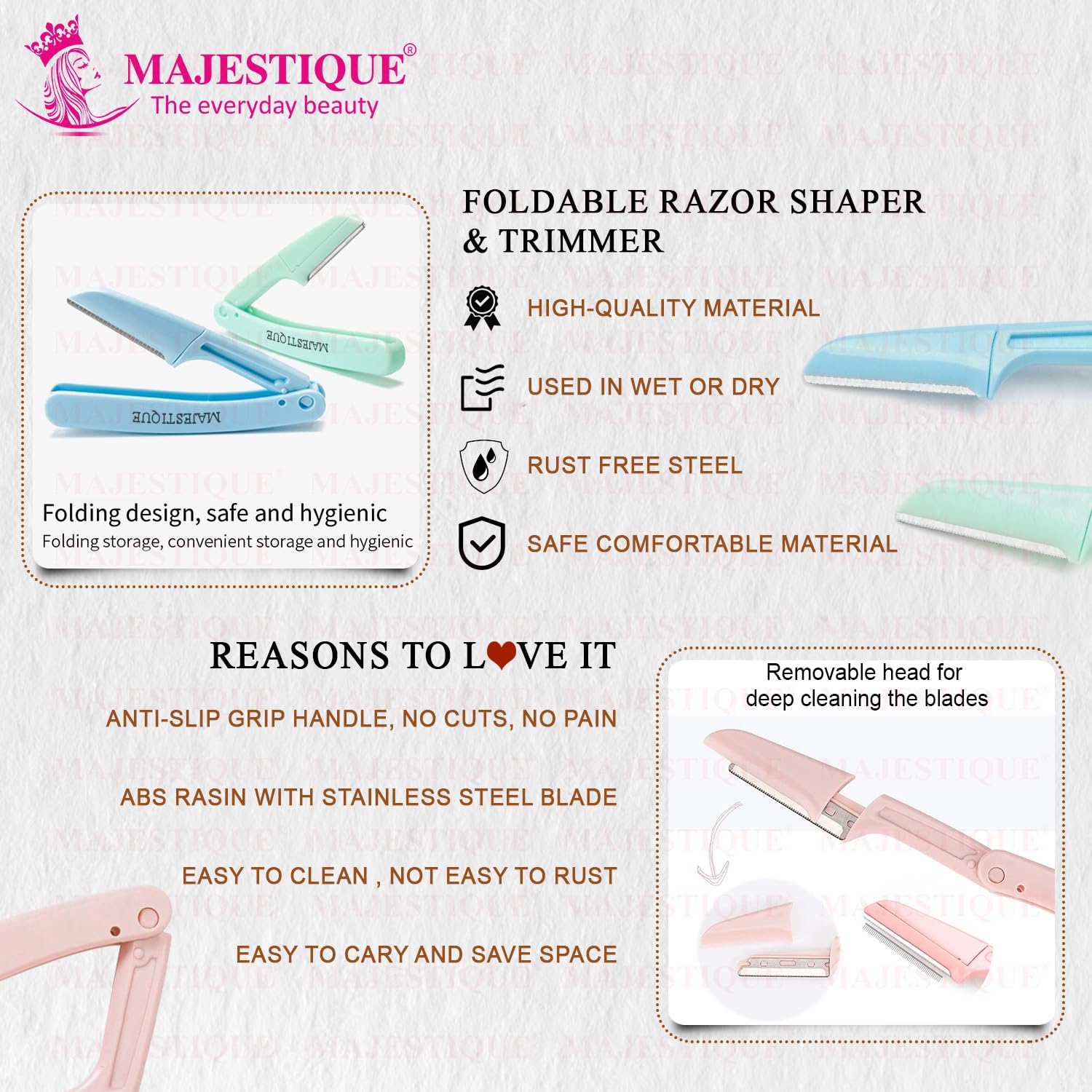 Majestique Foldable & Reusable Facial Hair Razor for Women - 5 Pcs Razor for Face, Eyebrows, Upper Lip, Forehead, Peach Fuzz, Chin and Sideburns, Instant & Painless Hair Removal - Multicolor 2