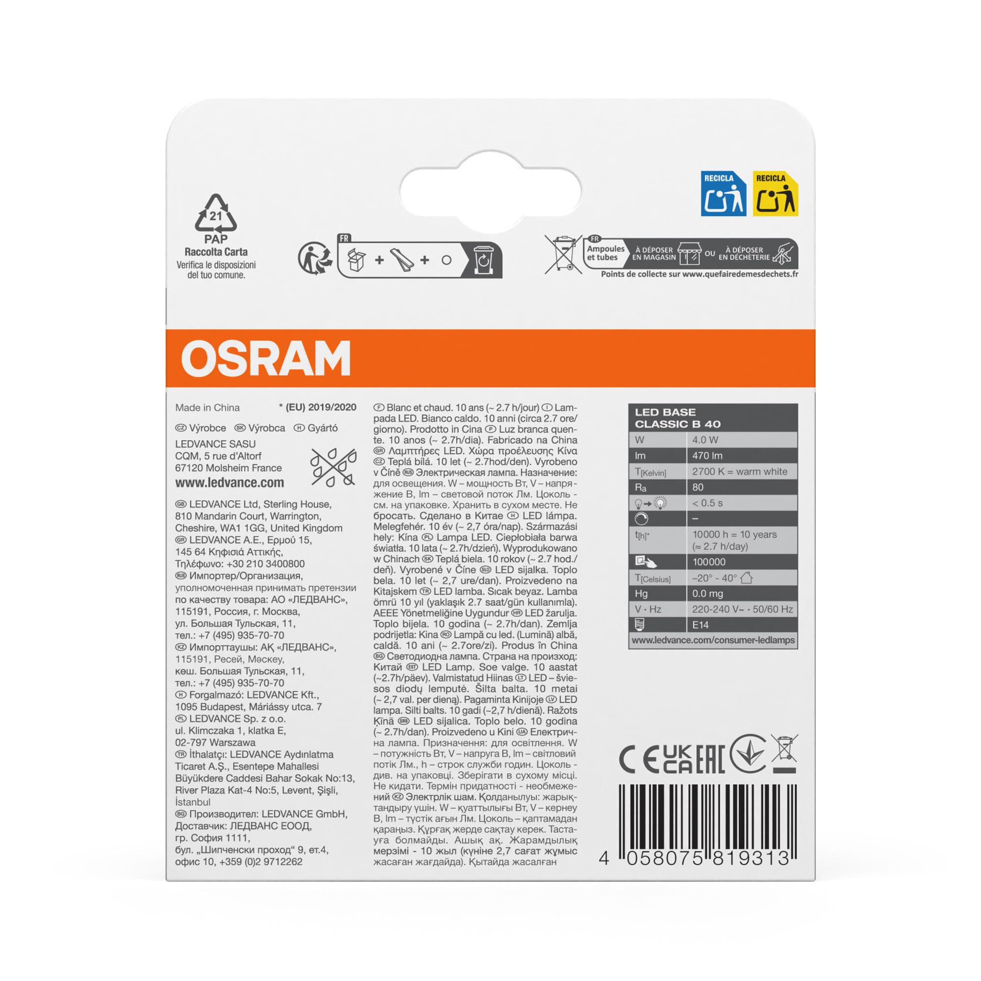 OSRAM Lampa LED | Trzonek: E14 | Ciepły biały | 2700 K | 4 W | przezroczysta | LED BASE CLASSIC B [Klasa efektywności energetycznej A++]