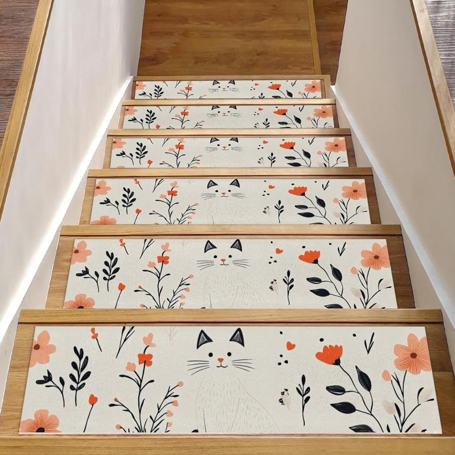 Self Adhesive Residue Free Machine Washable Reusable Stair Treads Non Slip Steps Cute Cat Flower (1) Stair Runner Indoor – 15 Pack 30″X8″ Anti Slip Mats