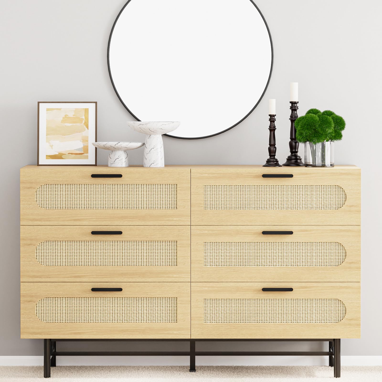 Amazon.com: VINGLI Rattan Dresser, 6 Drawer Dresser for Bedroom, Modern Dresser with Gold ...