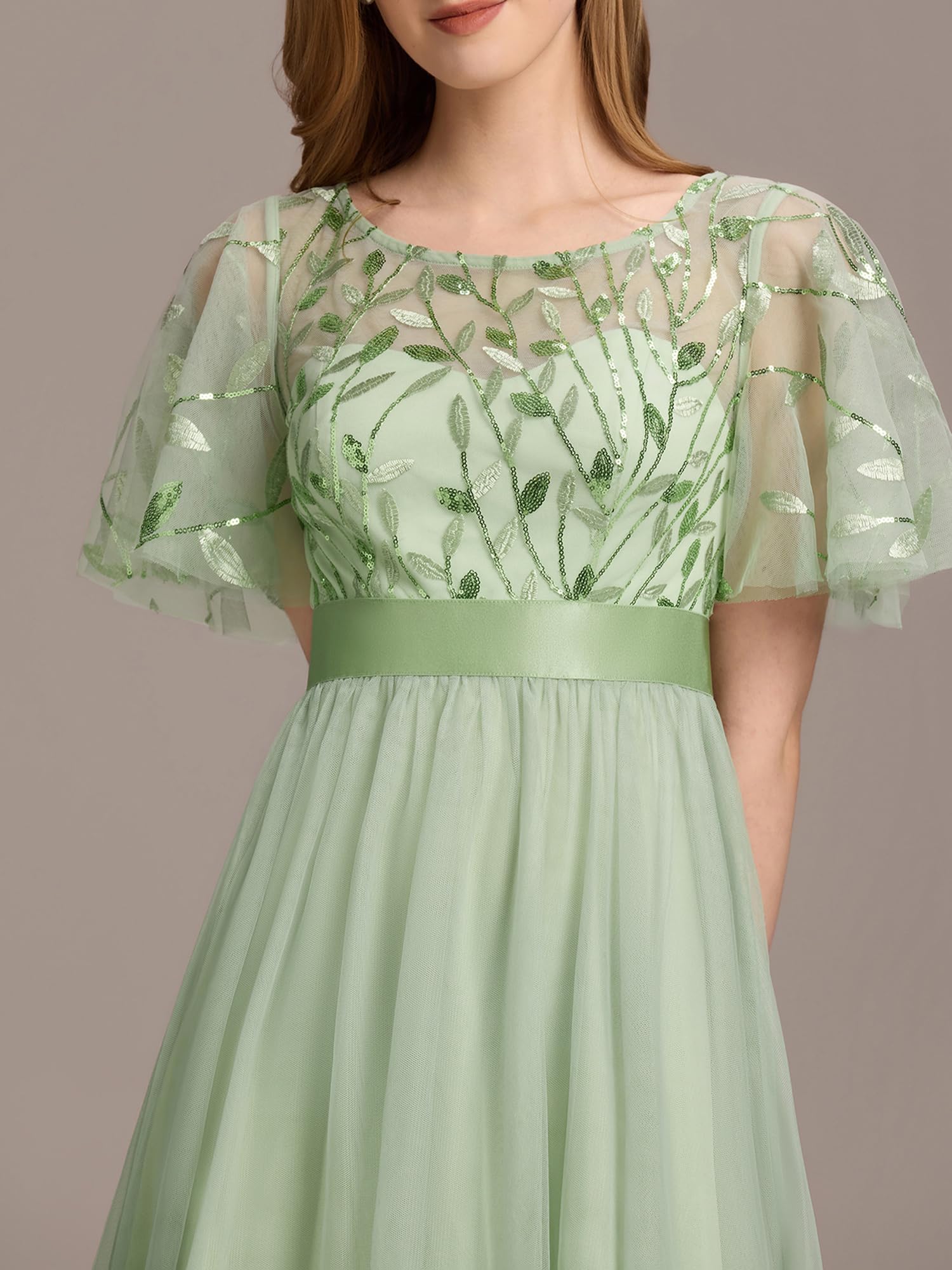 Ever-Pretty Robe de Soirée pour Mariage Demoiselle d'honneur Manches Courtes Taille Empire A-Line Tulle Longue Femme 00904