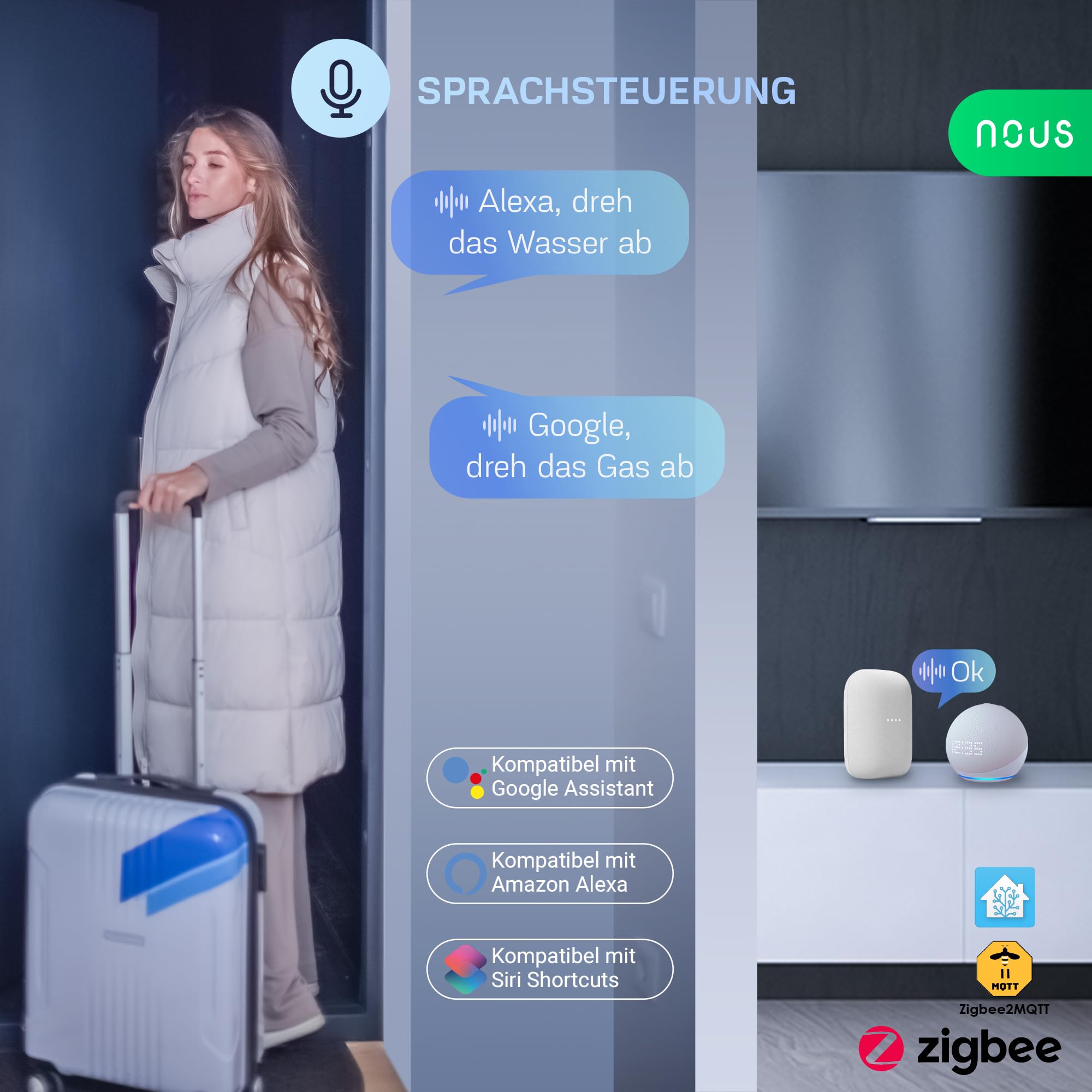 NOUS LZ3 ZigBee Wasserventil, Google Assistant, Amazon Alexa, Alexa kompatibel, NOUS Smart App, Smart Life, TUYA, Zeitschaltuhr, Wasserventil ZigBee, Bewässerungssteuerung ZigBee, MQTT, ZigBee2MQTT