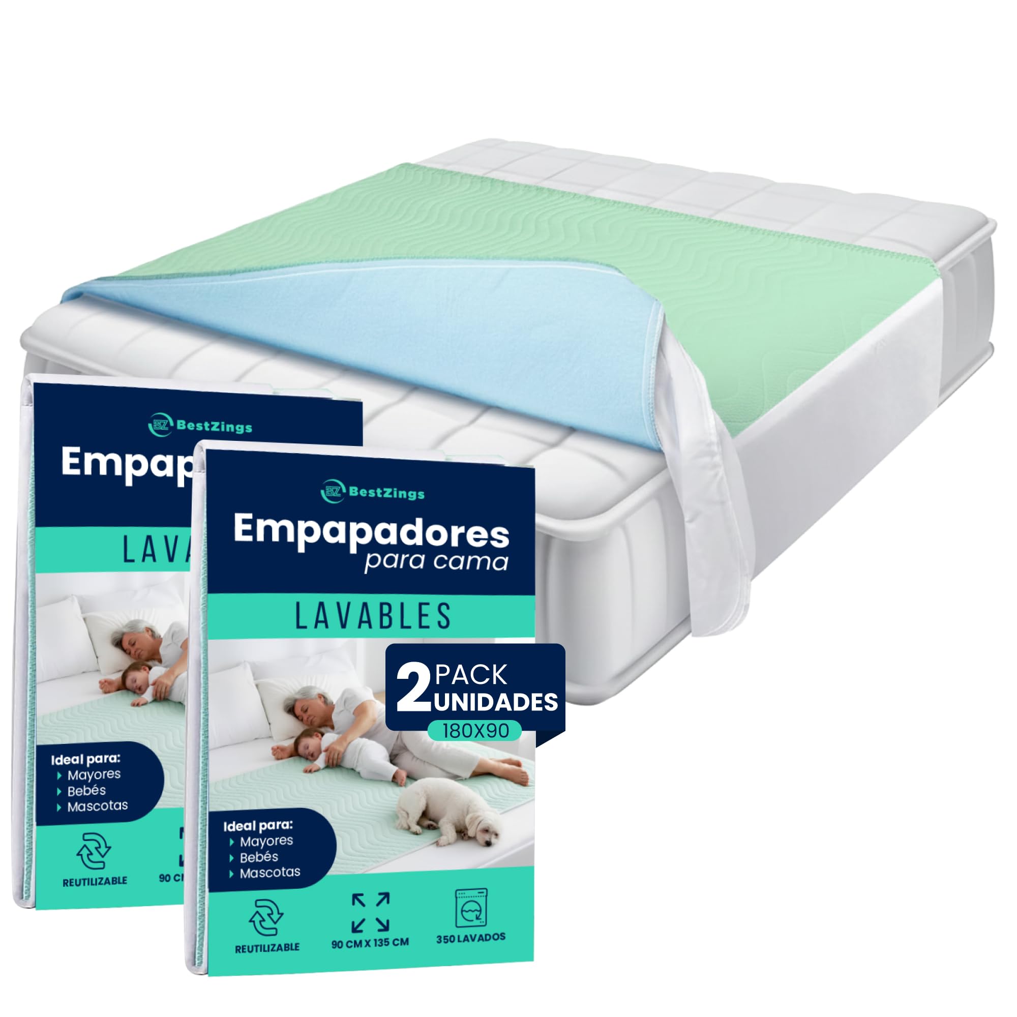 Empapadores Cama Adultos Empapadores Bebe Lavable Protector Colchon Impermeable Pipi Stop Cambiador Desechable Empapador con Alas Protector Cama Empapador 180x90 Pack 2